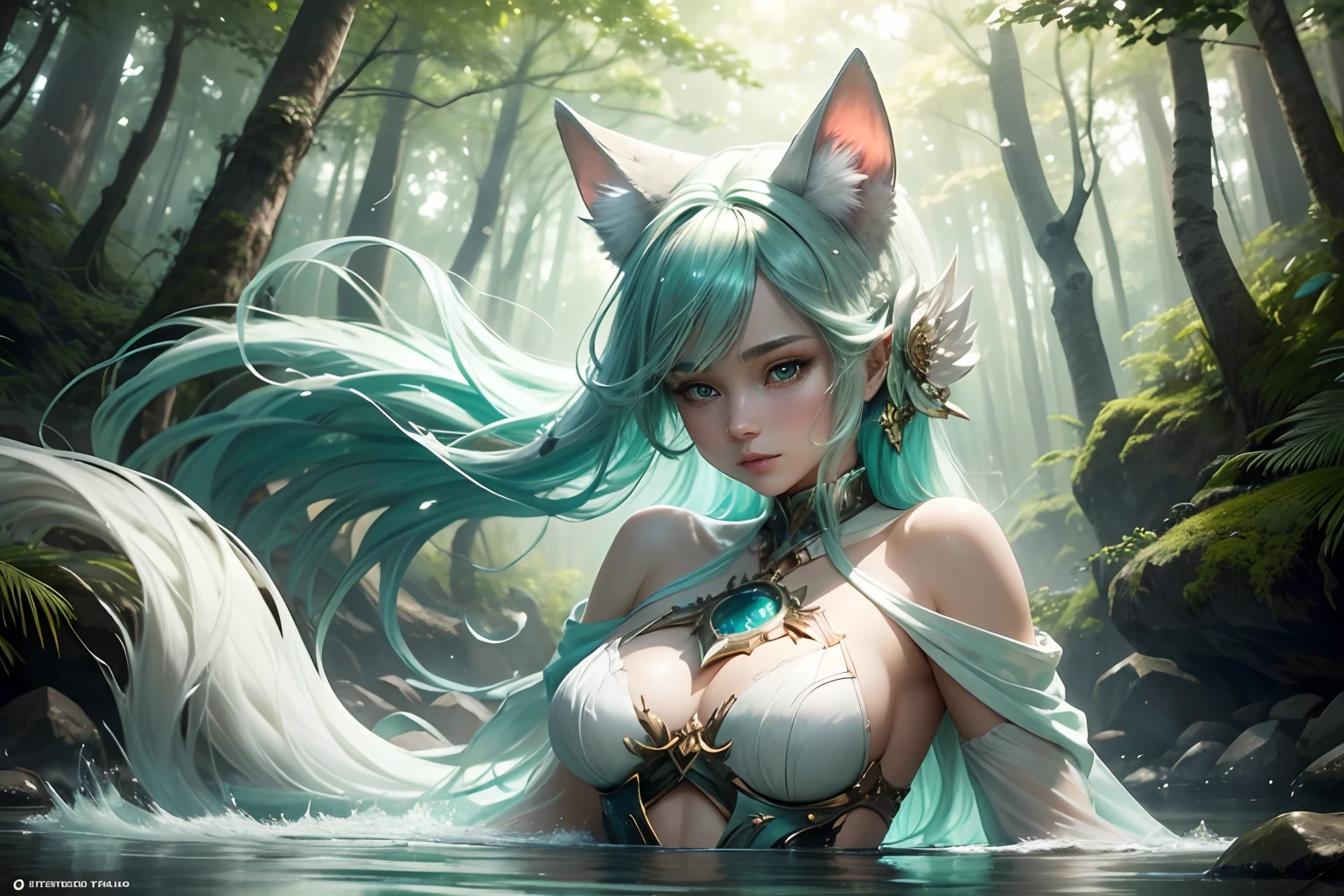 Picture 2 captivating girls holding each other with lustrous dark teal-green hair with soft cyan eyes, and light blue hair with deep blue eyes, cascading in elegant waves, creating a striking and mesmerizing visual. They both embody the essence of a catgirls, adorned with equally enchanting dark teal-green ears and light blue ears that gracefully frame their faces. While a tail may be considered, it's optional, as its presence tends to enhance the character's charm or add an element of playfulness. Her physique is characterized by medium-sized breasts that accentuate her feminine allure, complementing her slender build. This character exudes a captivating blend of cuteness and sensuality, striking the perfect balance between an endearing charm and a seductive allure. Now, imagine placing this character in a tranquil, serene setting where nature's beauty reigns supreme. Picture her amidst a serene forest glade, bathed in soft, dappled sunlight filtering through the leaves of ancient trees. The gentle sound of a nearby babbling brook provides a soothing melody, while the rustling leaves and the distant call of birds add to the atmosphere of calm and relaxation. In this idyllic natural environment, let's introduce a small, white fox as either a background element or a companion to the character. This ethereal fox boasts pristine white fur and mesmerizing green eyes, radiating a sense of majesty. It can be seen as an enchanting presence in the composition, enhancing the overall charm of this captivating scene. This detailed and evocative portrayal should capture the character's captivating beauty and the enchanting essence of the white fox in a setting that evokes a sense of serenity and tranquility. create natural light from the sun as if god rays were breaking through the forest canopy.