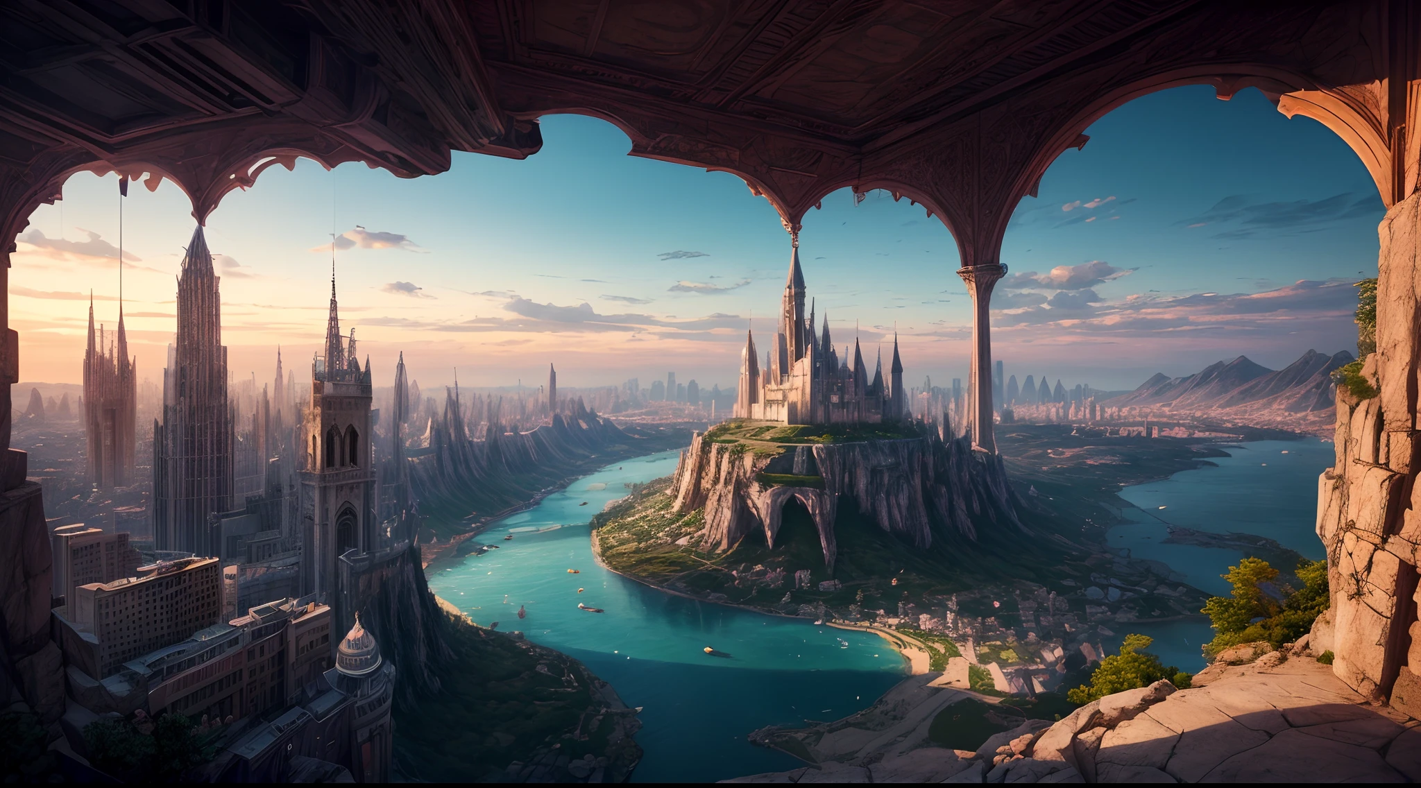 (best quality,4k,8k,highres,masterpiece:1.2),ultra-detailed,(realistic,photorealistic,photo-realistic:1.37),huge castles,skyscrapers floating in the sky,utopia,top quality fantasy,cyberpunk isekai,giants waterfall,mother nature,unimaginable,unbelievable,virtual reality,oasis of serenity,colorful neon lights,futuristic technology,vibrant cityscape,awe-inspiring architecture,unlimited possibilities,mesmerizing view,ethereal atmosphere,enchanting environment,majestic structures,thousands of feet high,sparkling clear water,breathtaking scenery,transcendent beauty,surreal landscape,architectural marvels,wonder of nature,harmony between man and nature,limitless imagination,urban paradise,dream-like setting,unrealistically magnificent,picture-perfect moments,serene tranquility,spellbinding aesthetic,awe-inducing skyline