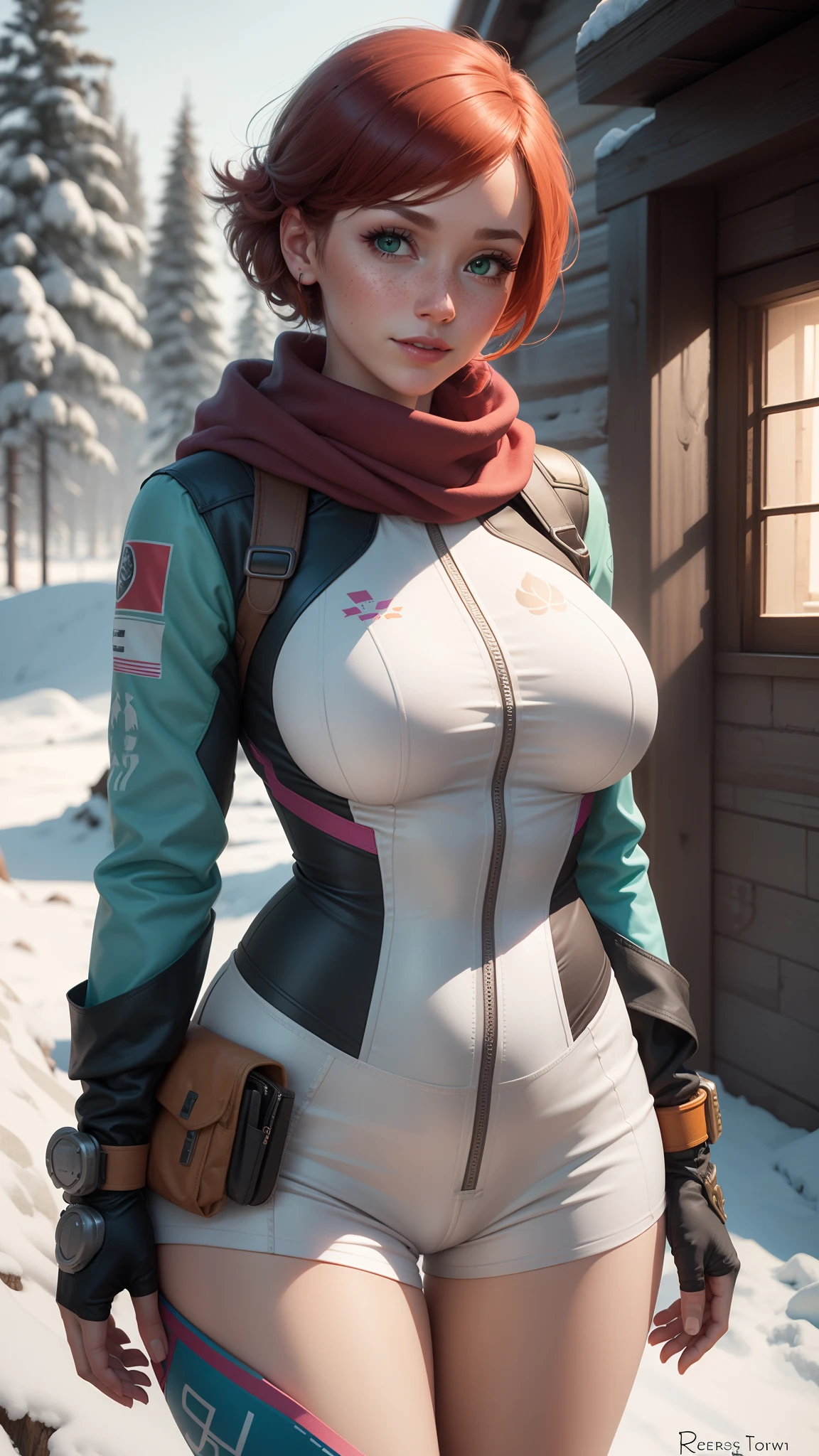 gwen tennyson,1girl,tracer,d.va,rebecca chambers,overwatch,gundam,close up,mecha pilot,winter mountain,rose and blue plugsuit,hair pin,pirate corset, white long sleeve lycra top,white lycra shorts,short hair,cute makeup,green eyes,orange and blue hair,shy smile, freckles,redhead,beautiful girl,large breasts,ultra detailed,realistic,fantasy art,ski scarf,winter jacket,winter forest cabin,stone fireplace,holding a hot mug,
