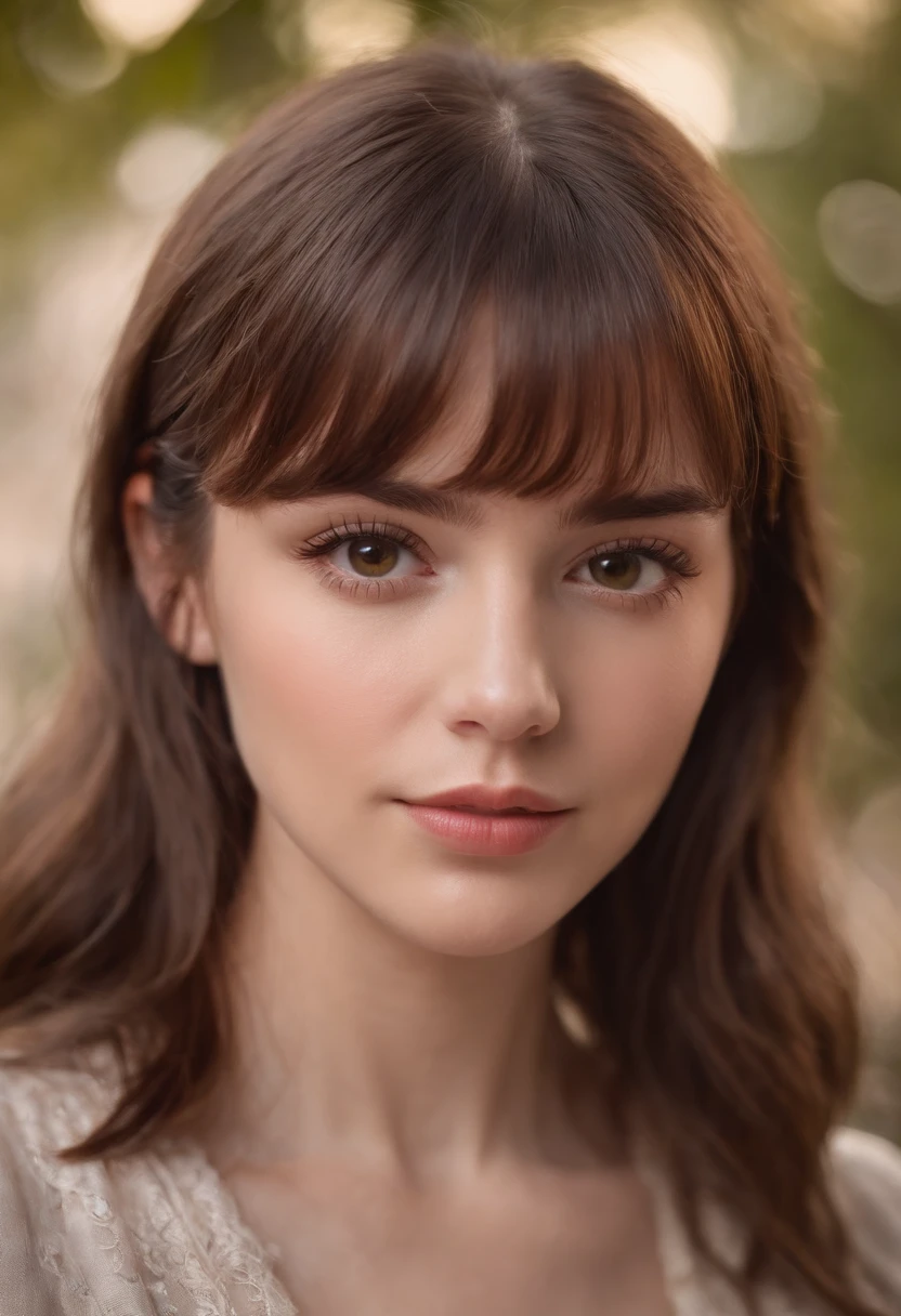 girl with brown hair and fringe, brown eyes