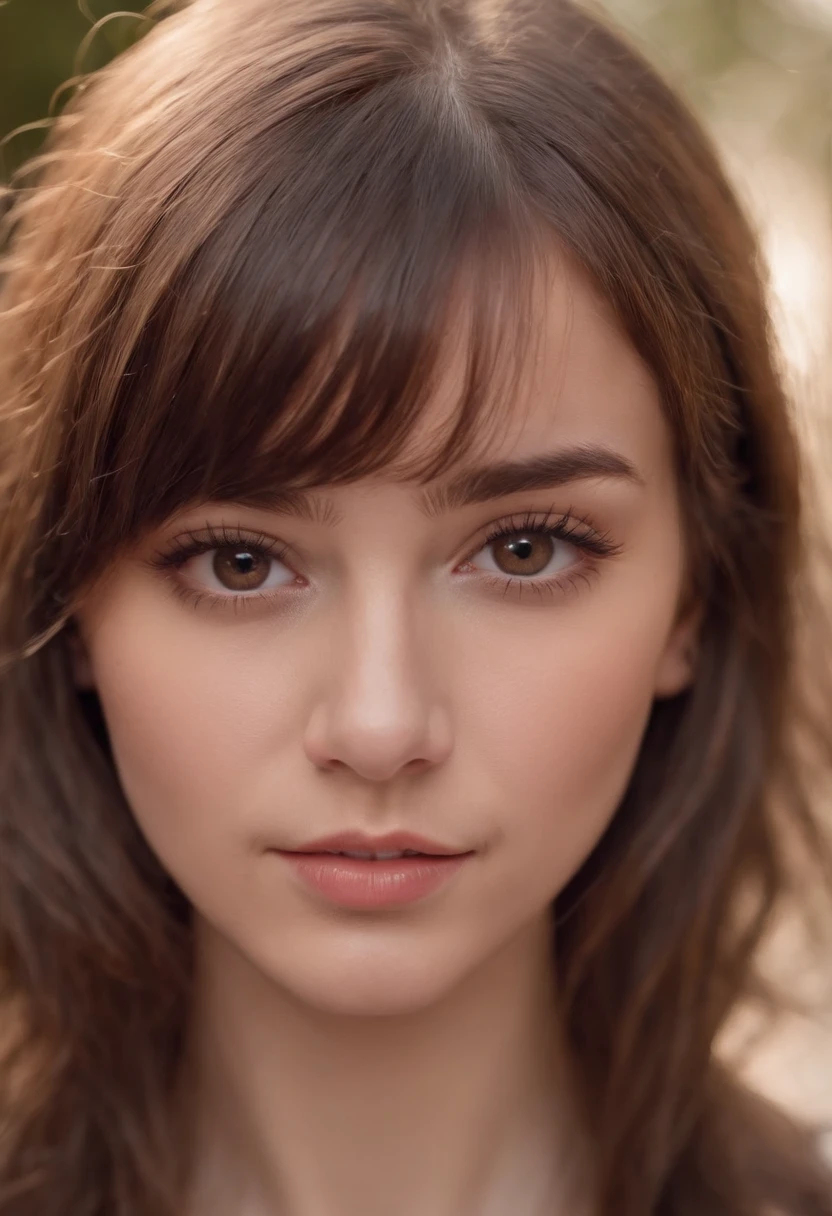 girl with brown hair and fringe, brown eyes