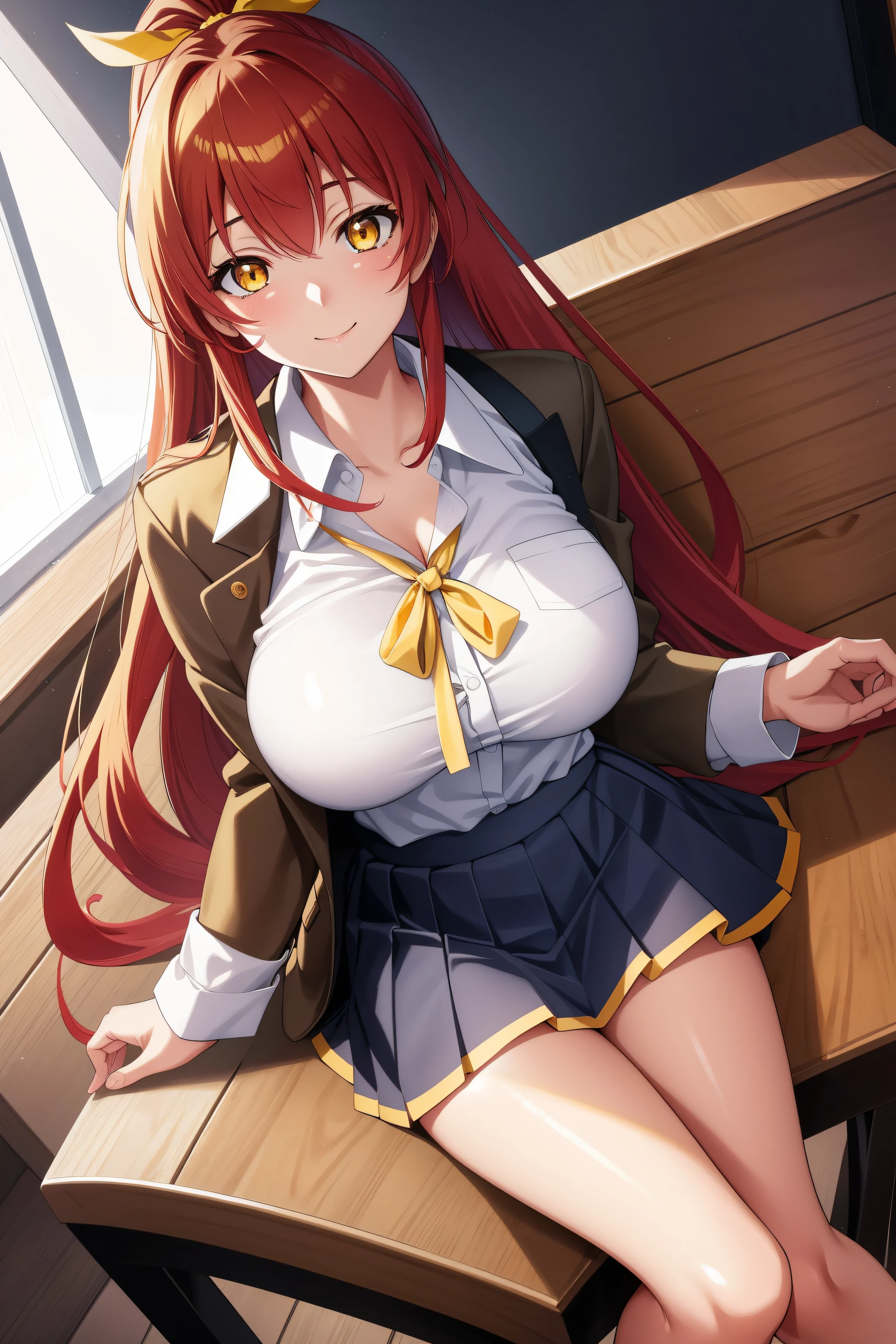 nsfw, (highly detailed beautiful face and eyes:1.2), 1girl, solo, huge breasts, (lift shirt, show off breasts), (orange hair:1.1), (long straight hair), (orange eyes:1.2), (spread legs), legs up high, (sailor school uniform), ((red tie)), (navy blue pleated mini skirt:1.3), from below, (white pantie, lift skirt, pantie shot, blush), (blushing:1.6), (town overview), detailed landscape, (best quality,masterpiece:1.2), intricate details, extremely detailed,8k resolution, natural lighting, hair fluttering in the wind,