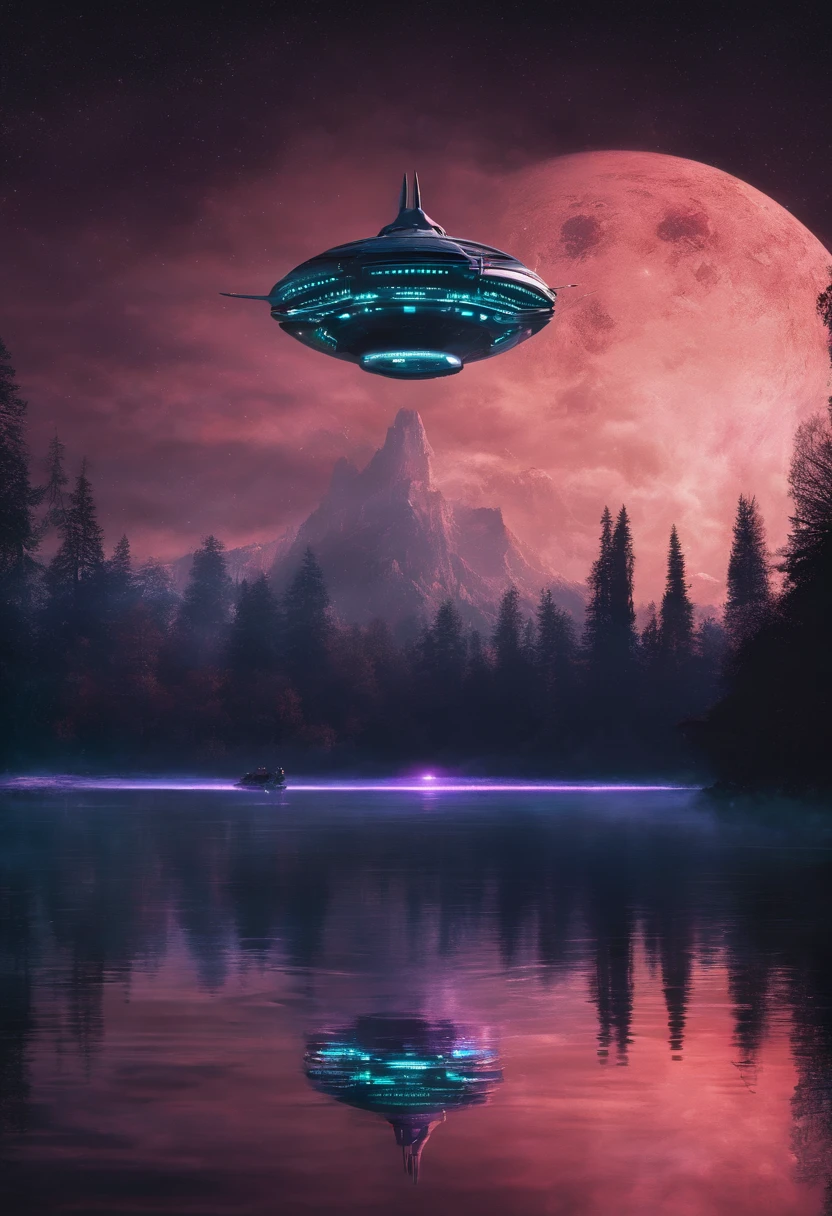 Alien spaceship flying over a lake at night, com uma lua cheia
