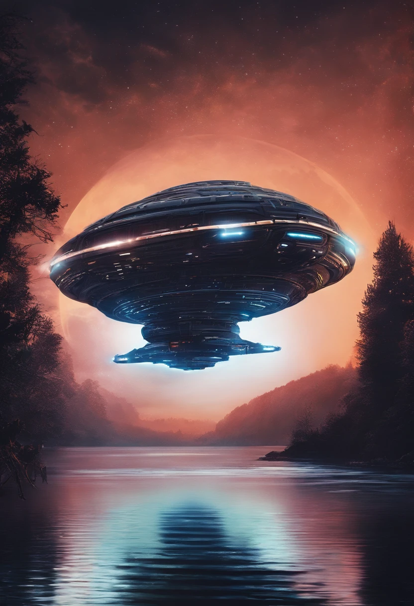 Alien spaceship flying over a lake at night, com uma lua cheia
