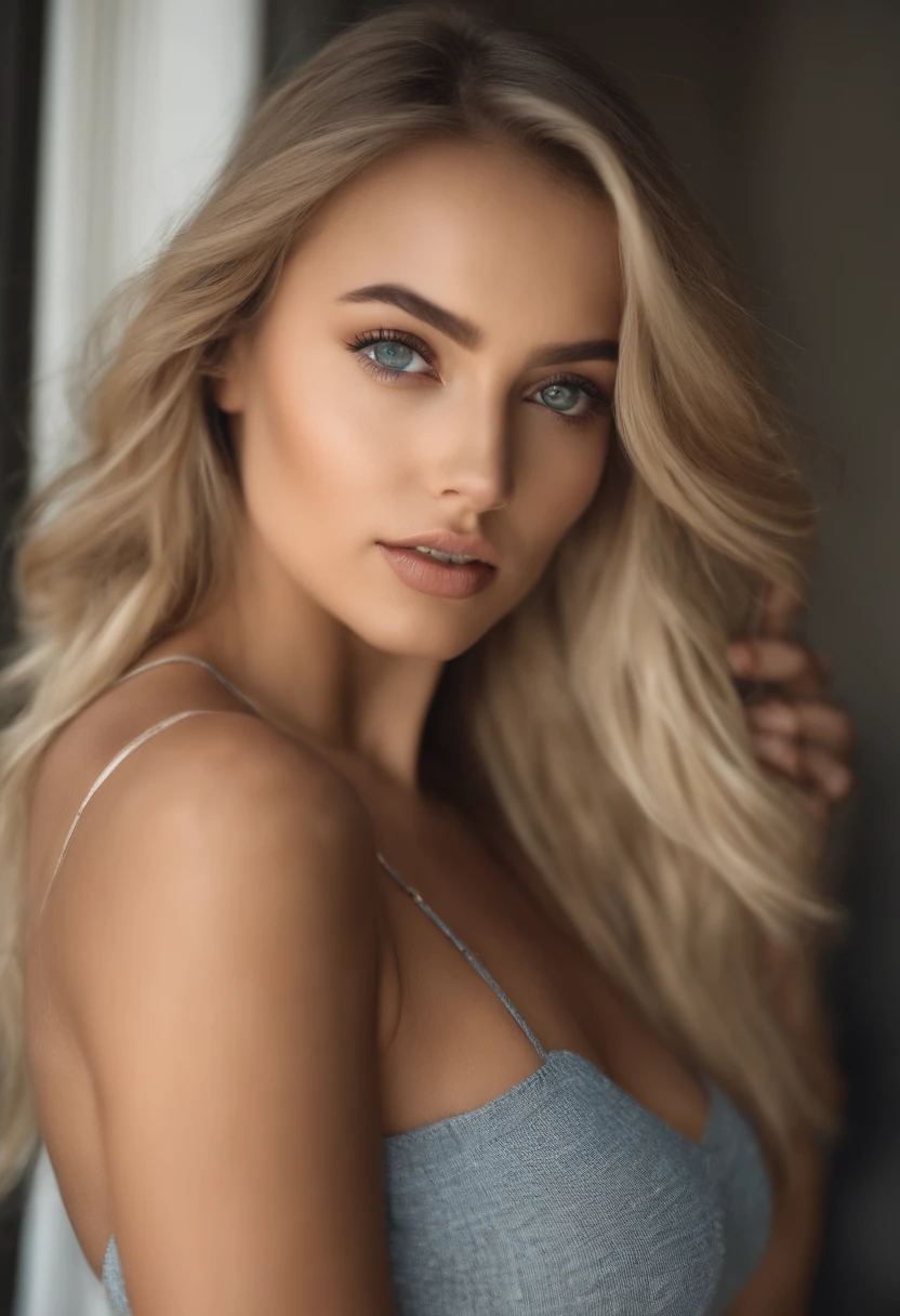 oman with matching tank top and panties, fille sexy aux yeux bleus, Portrait Sophie Mudd, Portrait de Corinna Kopf, cheveux blonds et grands yeux, selfie of a young woman, ohne Maquillage, maquillage naturel, Look directly into the camera, Visage avec Artgram, dezentes Maquillage, Superbe photo du corps entier, dans la chambre, gros seins, Blonde, Latin