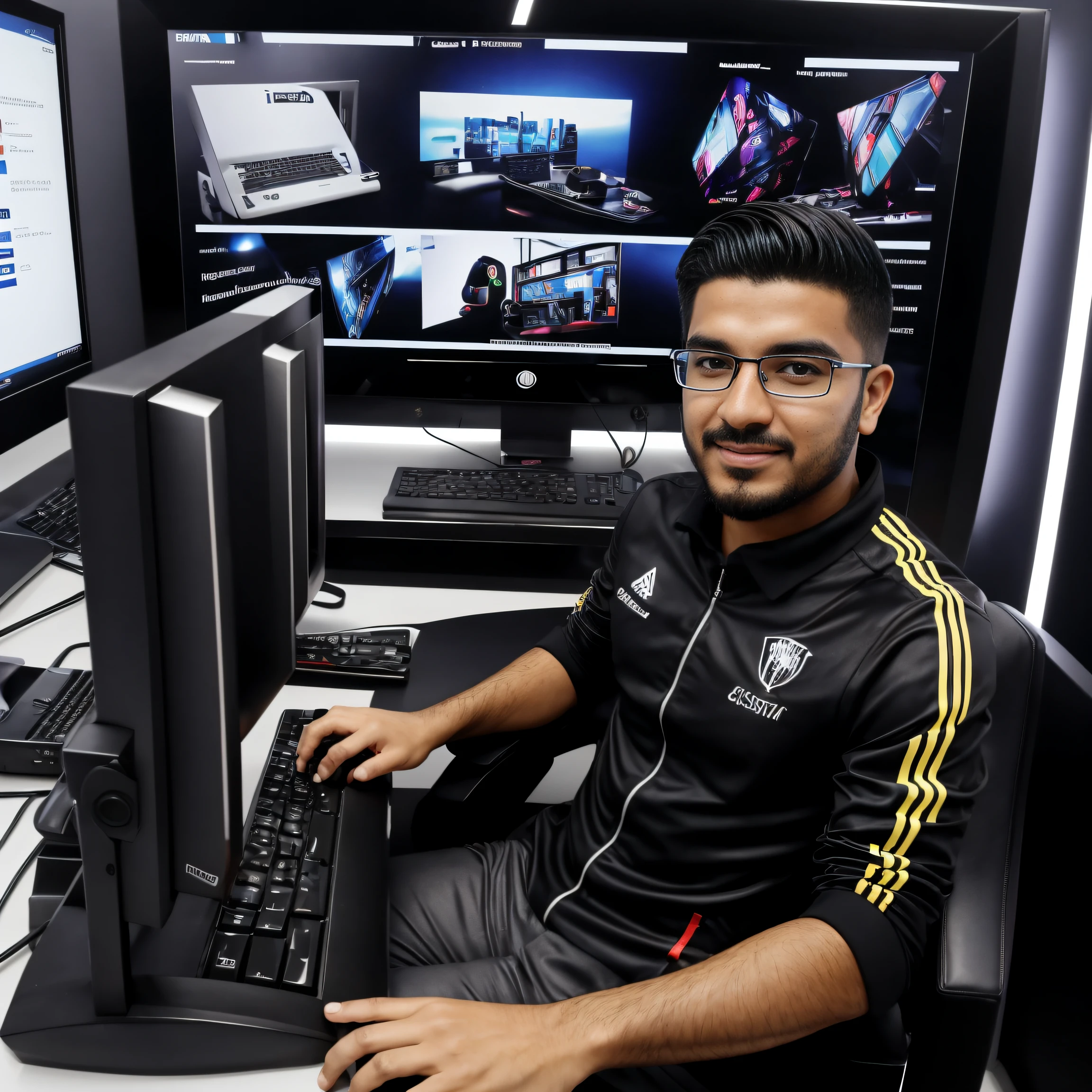 imagem de pessoa em frente a um computador, para anuncio de marketing digital, pessoa rica, pessoa feliz, pessoa bem vestida, riqueza, luxo, glamour, computador gamer, riqueza extrema, imagem demonstrando o poder do marketing digital.