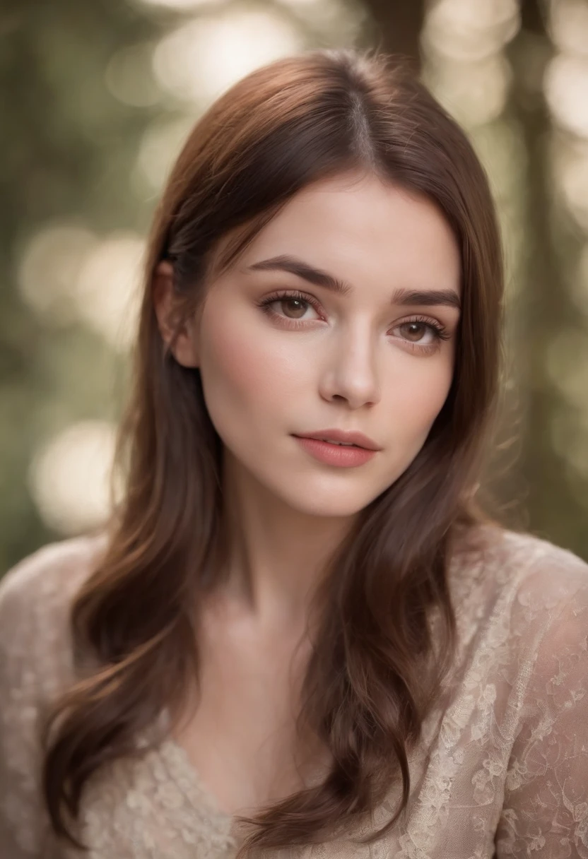 woman with brown hair, fringe, brown small eyes, wide cheekbones