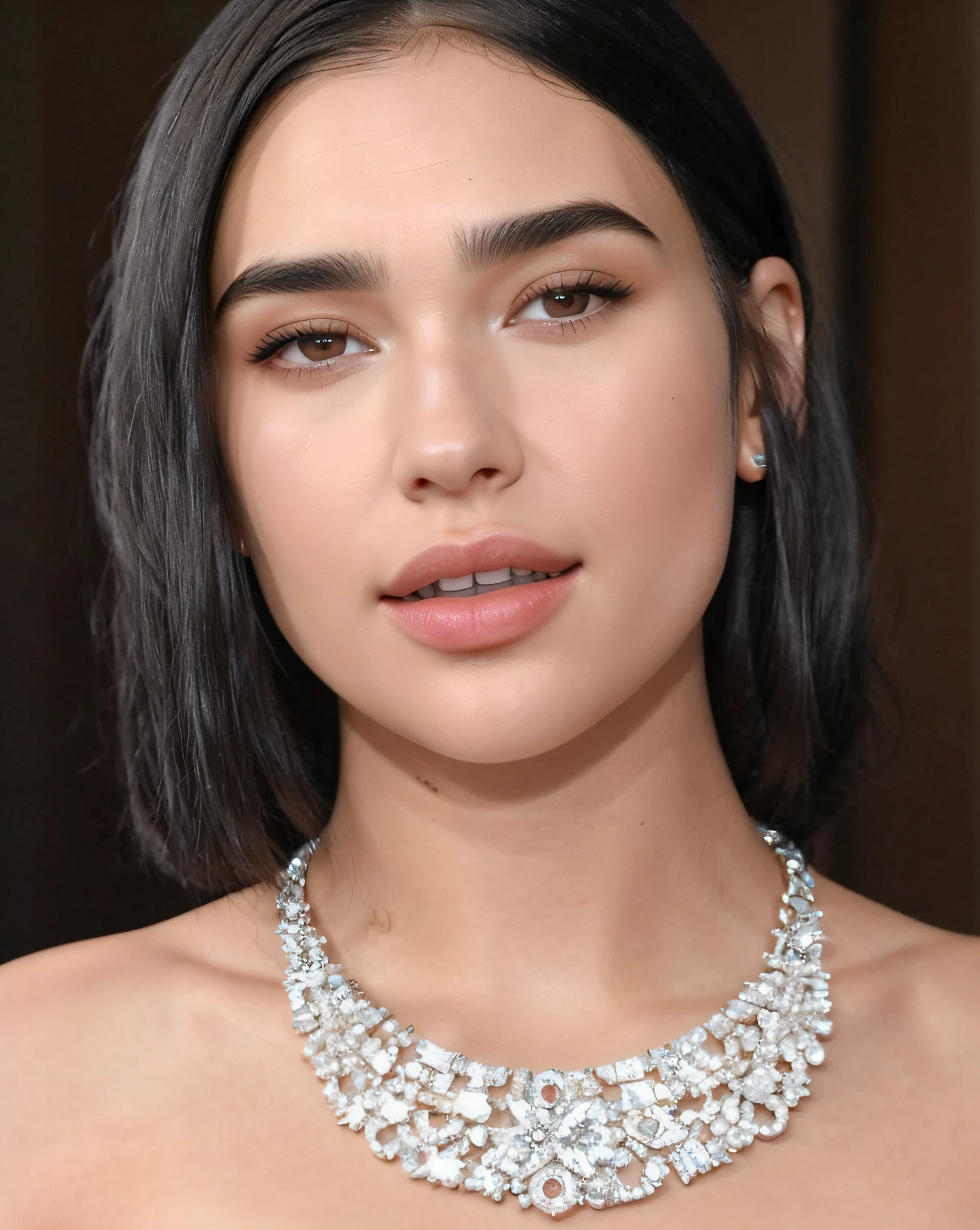 a close up of a woman wearing a necklace and a dress, dua lipa, slicked black hair, she looks like a mix of grimes, hybrid of gal gadot, olivia culpo, hailee steinfeld, looks a blend of grimes, looks like a mix of grimes, short slicked - back hair, photo of the beauty gal gadot, madison beer