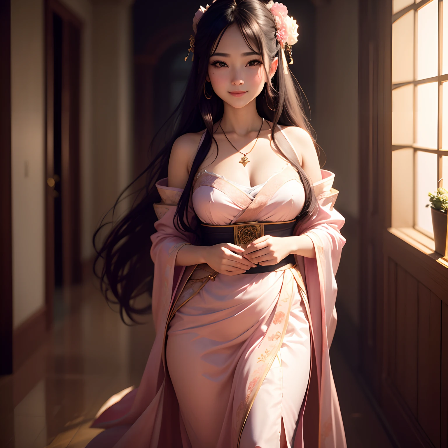 Excellent quality, masterpiece, high-res, 1girls, Blush, (Seductive smile: 0.8), Star Eye, Hanfu, China, Hair ornaments, necklace, jewelry, beauty, upon_body, Tyndall effect, Realism, Shadow (Shadow Room), Edge Light, Two-tone lighting, (high detail skin: 1.2), 8k UHD, SLR, Soft light, High Quality, Light quantity, candid photo, high-res, 10, 10, Background blur, tulle light,