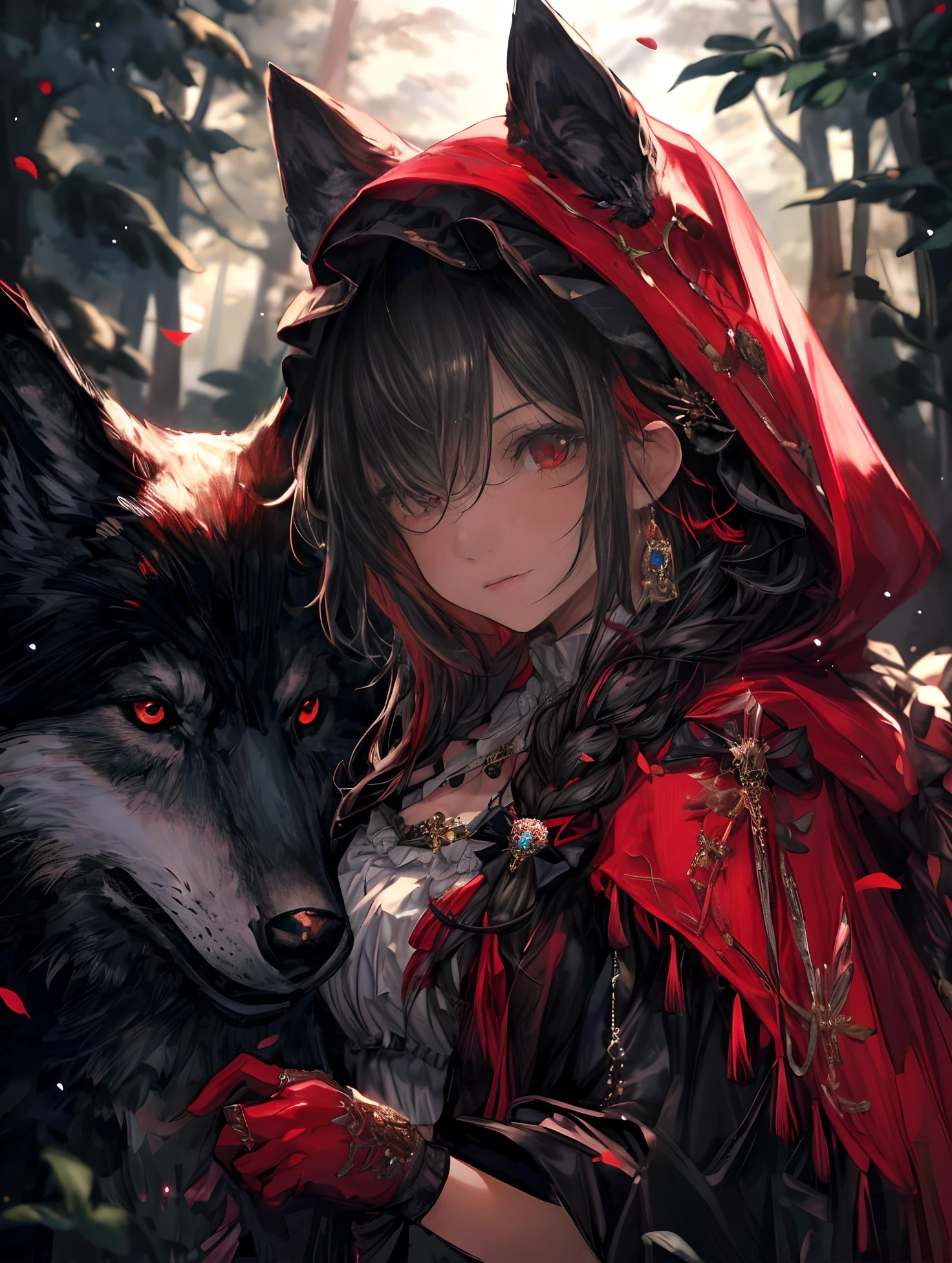(best quality,4k,highres,masterpiece:1.2),ultra-detailed,realistic:1.37,portrait,dark fantasy,red color scheme,soft lighting,emotional,enchanted forest,ominous atmosphere,eye-catching,storytelling,anatomy,anime style,concept art,beautiful detailed face and (((RED EYES ))),flowing hair,expressive emotions,detailed jewelry,cape with intricate patterns,intense gaze,feathered details on the cape,subtle shadows,dynamic pose,epic composition,mysterious background,natural elements,moonlit night,wind blowing through the trees,eerie presence,revealing the character's strength and vulnerability,striking contrast between the red cape and surroundings,engaging narrative,rich textures,depth and dimension,putting emphasis on the character's allure and resilience.