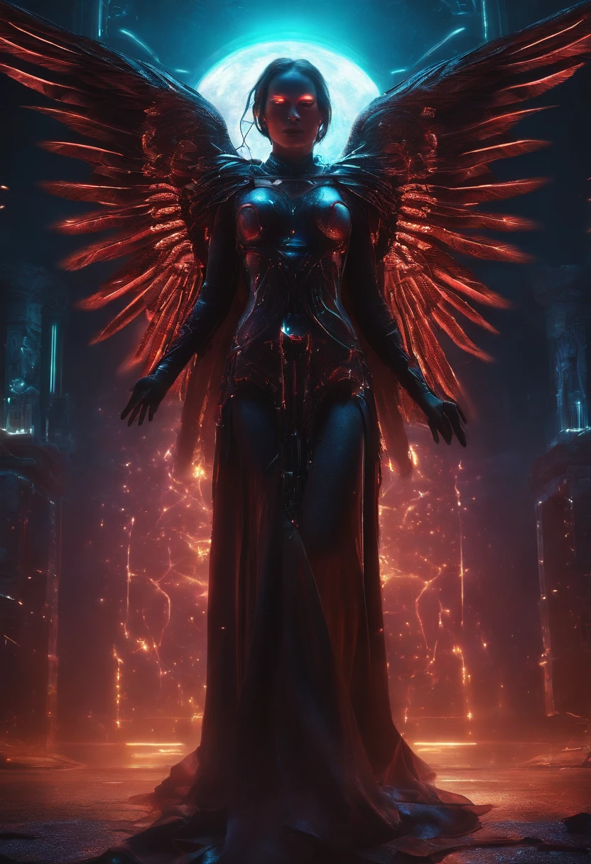 Cosmic cyberpunk Fallen Angel, glowing light eyes, Biomechanical, eerie, Creepy, nightmarish, Very bright neon colours, Light particles, with light glowing, Mshiff, wallpaper art, UHD wallpaper