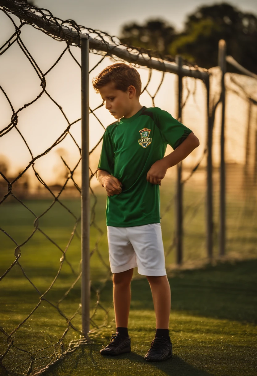 Na imagem, vemos um campo de futebol ensolarado, com um gramado verde e bem cuidado. No canto inferior direito da imagem, it's a boy, com cerca de 10 anos de idade, usa uma camiseta e shorts simples. He is standing near the sideline of the field, with the fingers of the right hand resting on the protective fence that separates the field from the rest of the space.