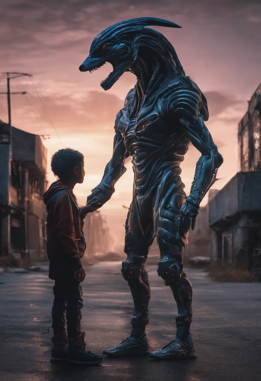 An alien petting a wolf in the middle of an abandoned road, a noite com lua cheia.