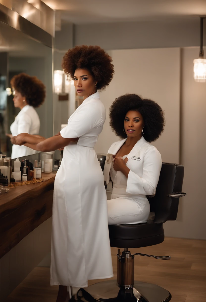 A Brazilian Black woman in her 30s to 40s, with hydrophobic hair, sits in a specialized beauty salon tailored for her hair type. She exudes confidence and pride in her unique hair. Medium: Photo hyper-realism. Style: Highly detailed, capturing the essence of Afro-Brazilian culture, reminiscent of the works of renowned Brazilian photographers. Lighting: Soft, natural lighting streaming in from the salon windows, highlighting the texture and shine of her hair. Colors: Rich earthy tones, with a focus on the deep browns and blacks of her hair, contrasted with the vibrant colors of the salon interior. Composition: Shot with a Canon EOS 5D Mark IV DSLR camera, EF 85mm f/1.8 STM lens, Resolution 30.4 megapixels, ISO sensitivity: 100, Shutter speed 1/125 second, with a focus on her face and hair, capturing the ambiance of the salon. --ar 16:9 --v 5.1 --style raw --q 2 --s 750