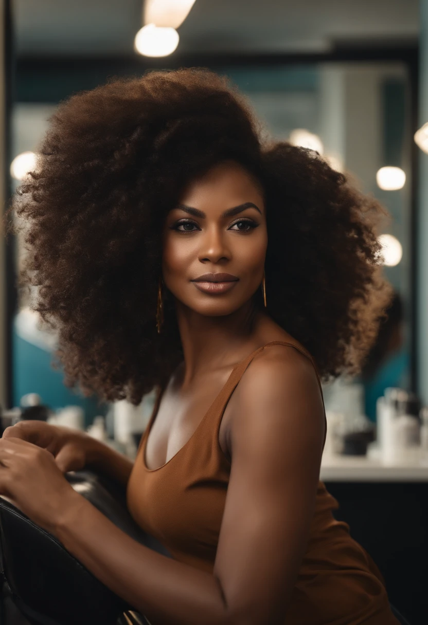 A Brazilian Black woman in her 30s to 40s, with hydrophobic hair, sits in a specialized beauty salon tailored for her hair type. She exudes confidence and pride in her unique hair. Medium: Photo hyper-realism. Style: Highly detailed, capturing the essence of Afro-Brazilian culture, reminiscent of the works of renowned Brazilian photographers. Lighting: Soft, natural lighting streaming in from the salon windows, highlighting the texture and shine of her hair. Colors: Rich earthy tones, with a focus on the deep browns and blacks of her hair, contrasted with the vibrant colors of the salon interior. Composition: Shot with a Canon EOS 5D Mark IV DSLR camera, EF 85mm f/1.8 STM lens, Resolution 30.4 megapixels, ISO sensitivity: 100, Shutter speed 1/125 second, with a focus on her face and hair, capturing the ambiance of the salon. --ar 16:9 --v 5.1 --style raw --q 2 --s 750