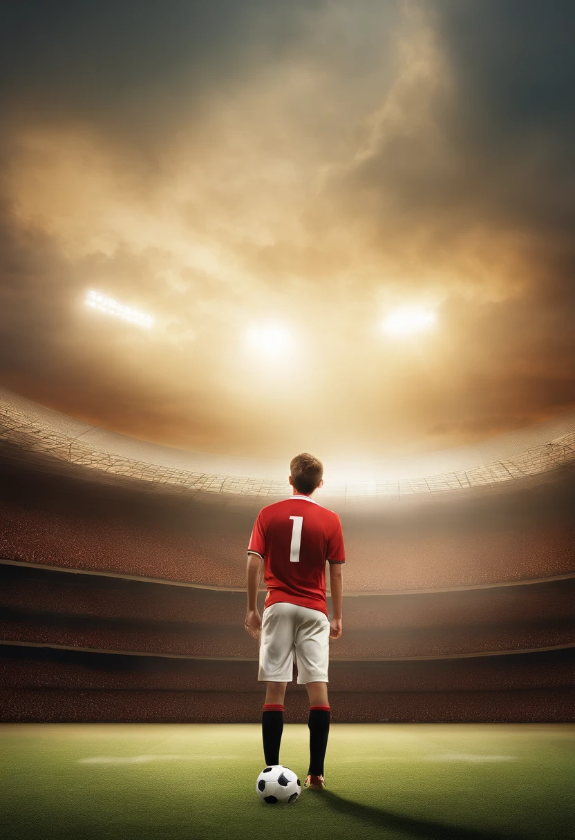 The boy is standing on a small mound of earth, allowing you to have a clear view of the game that is happening on the field. His face expresses a mixture of admiration and excitement as he watches the players run after the ball, driblando e trocando passes. Your eyes are fixed on the game, and he's smiling, Capturing the joy and excitement that football can bring.