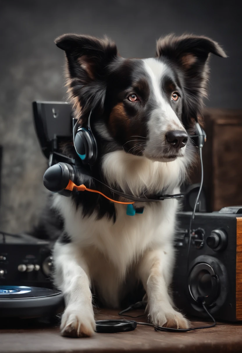 um cachorro Border Collie, pintura estilo 3D aquarela, DJ dog listening to music, Border Collie DJ dog, imagem completa, High resolution high contrast (fotorrealista:1.5), (Foto RAW, 8k UHD,