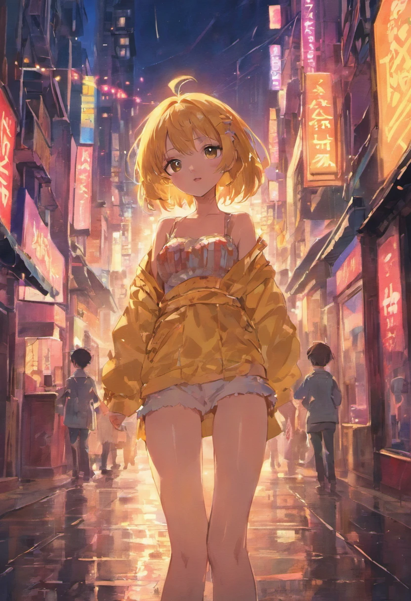1girl, tetona, que, Neon of the city, Luces, lluvia, desnudo