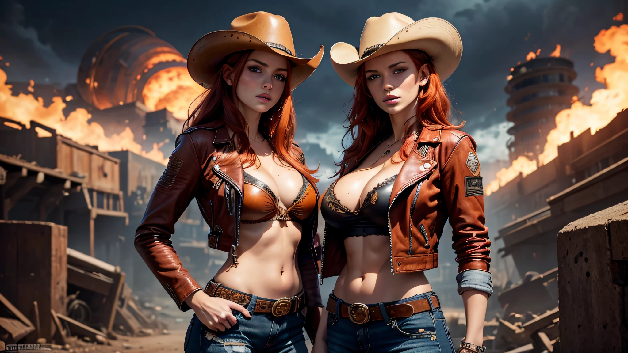 Beautiful woman, blue eyes, red hair, freckles, ripped jeans, brown leather jacket, cleavage, big breasts, cowboy hat, apocalypse background, highly detailed