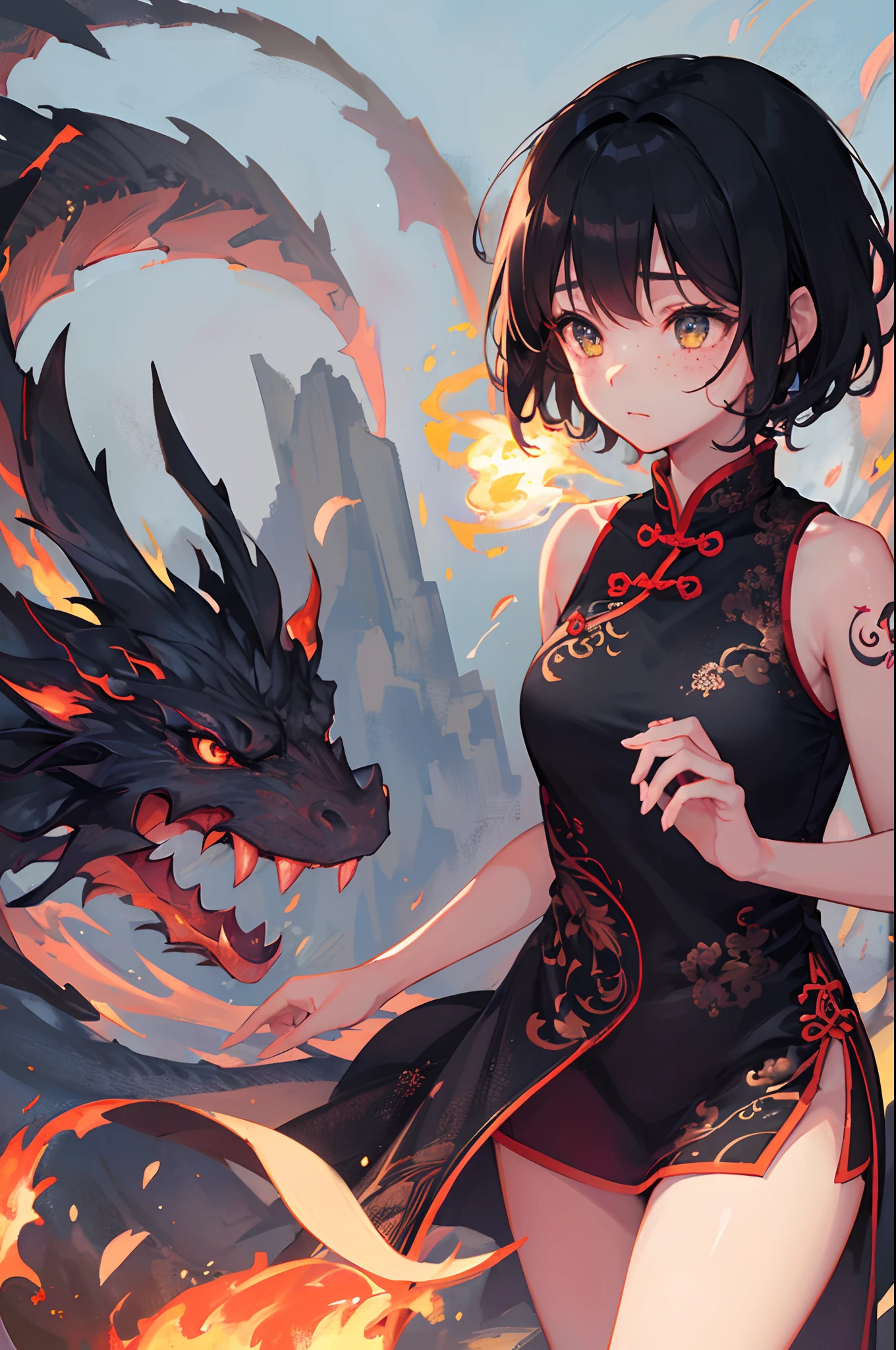 1 girl, meditating, balance, yinyan, dragon background, tattoo, fire, low light, mythical, short dress, Chinese style dress, sleeveless dress, short hair, black hair, freckles, cute, ultra high quality