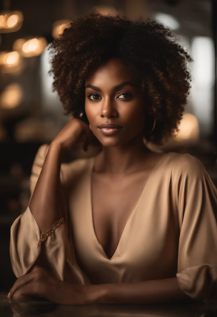 Close-up portrait of a Brazilian Black woman, aged between 30 and 40, showcasing her hydrophobic hair in all its glory. She is at a beauty salon that celebrates and caters to her hair type. Medium: Photo hyper-realism. Style: A blend of contemporary Brazilian photography with a touch of vintage aesthetics. Lighting: Diffuse backlighting, creating a halo effect around her, emphasizing the unique properties of her hydrophobic hair. Colors: A palette dominated by warm browns, golds, and blacks, with pops of color from the salon decor. Composition: Captured using a Canon EOS 5D Mark IV DSLR camera, EF 50mm f/1.8 STM lens, Resolution 30.4 megapixels, ISO sensitivity: 100, Shutter speed 1/125 second, focusing on the intricate details of her hair and the emotion in her eyes. --ar 16:9 --v 5.1 --style raw --q 2 --s 750