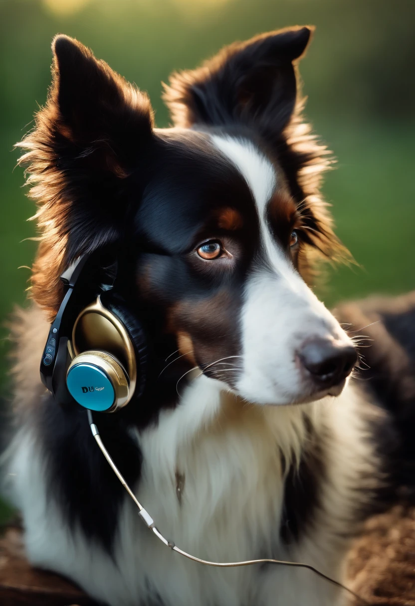 um cachorro Border Collie, pintura estilo 3D aquarela, DJ dog listening to music, Border Collie DJ dog, imagem completa, High resolution high contrast (fotorrealista:1.5), (Foto RAW, 8k UHD, coloring page