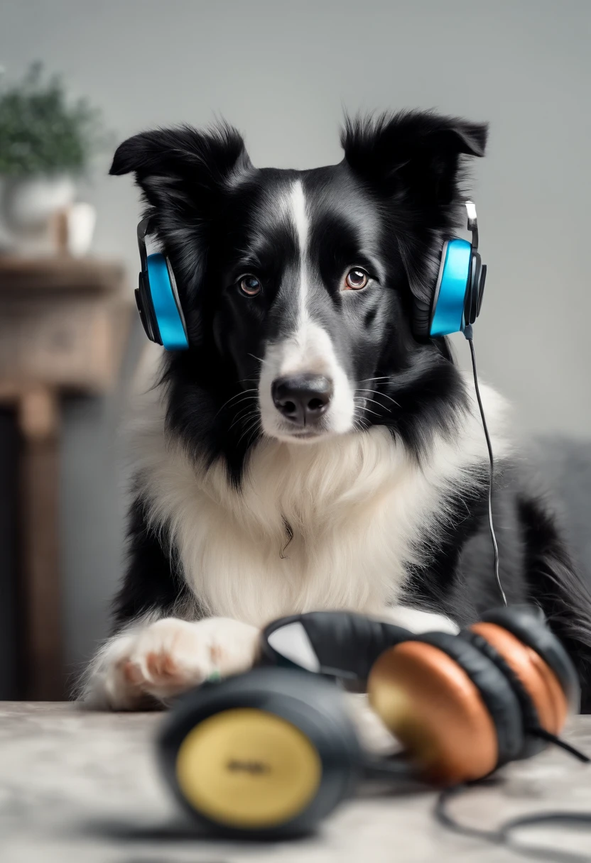 um cachorro Border Collie, pintura estilo 3D aquarela, DJ dog listening to music, Border Collie DJ dog, imagem completa, High resolution high contrast (fotorrealista:1.5), (Foto RAW, 8k UHD, coloring page