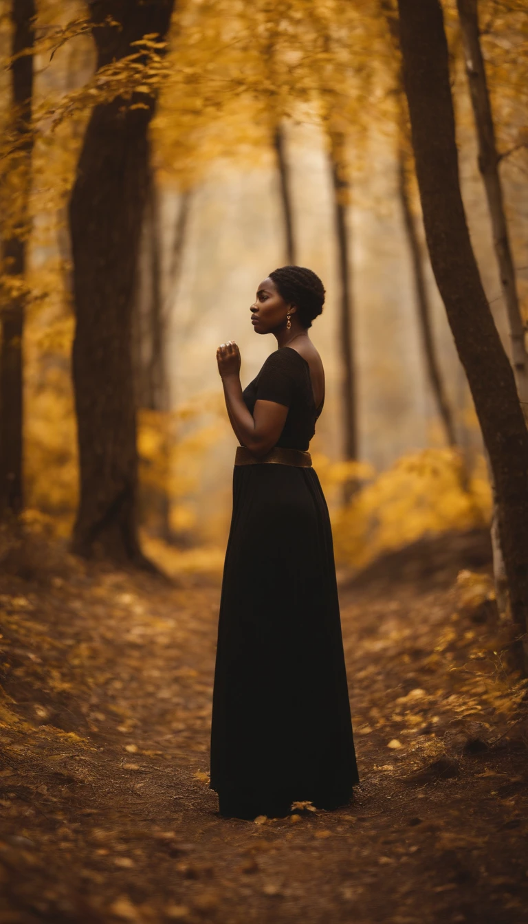 black woman, golden forest, weight of the world to heavy, globe