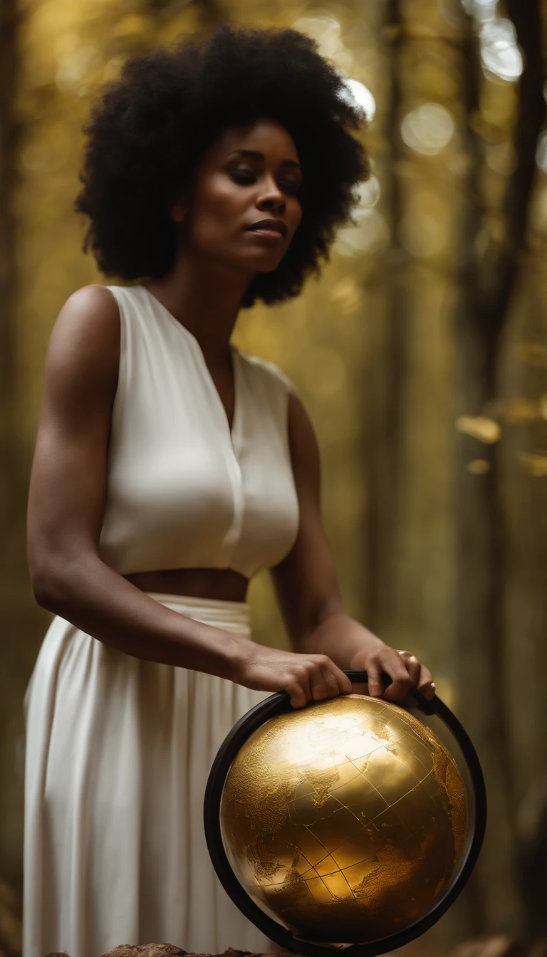 black woman, golden forest, weight of the world to heavy, globe