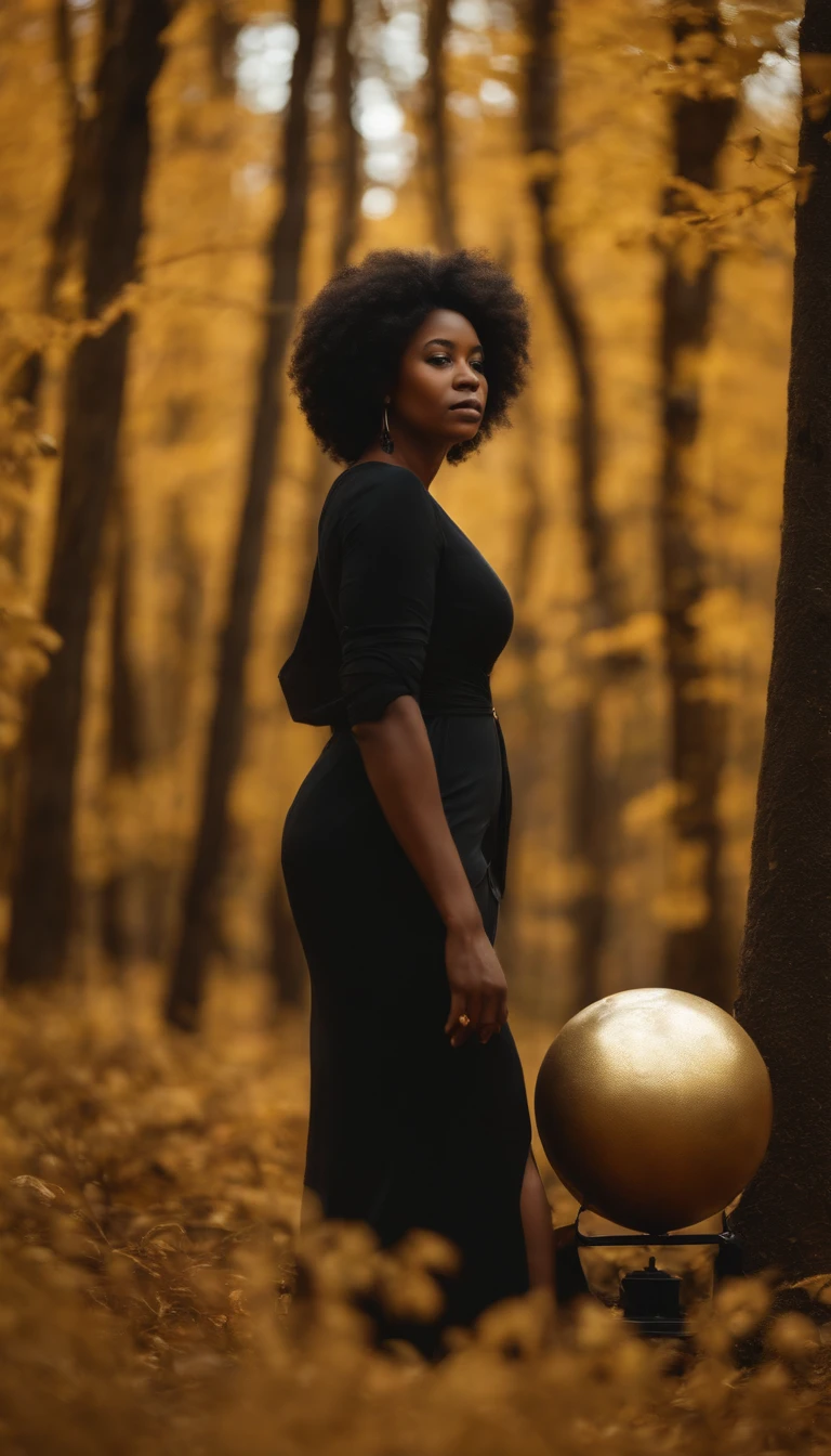black woman, golden forest, weight of the world to heavy, globe