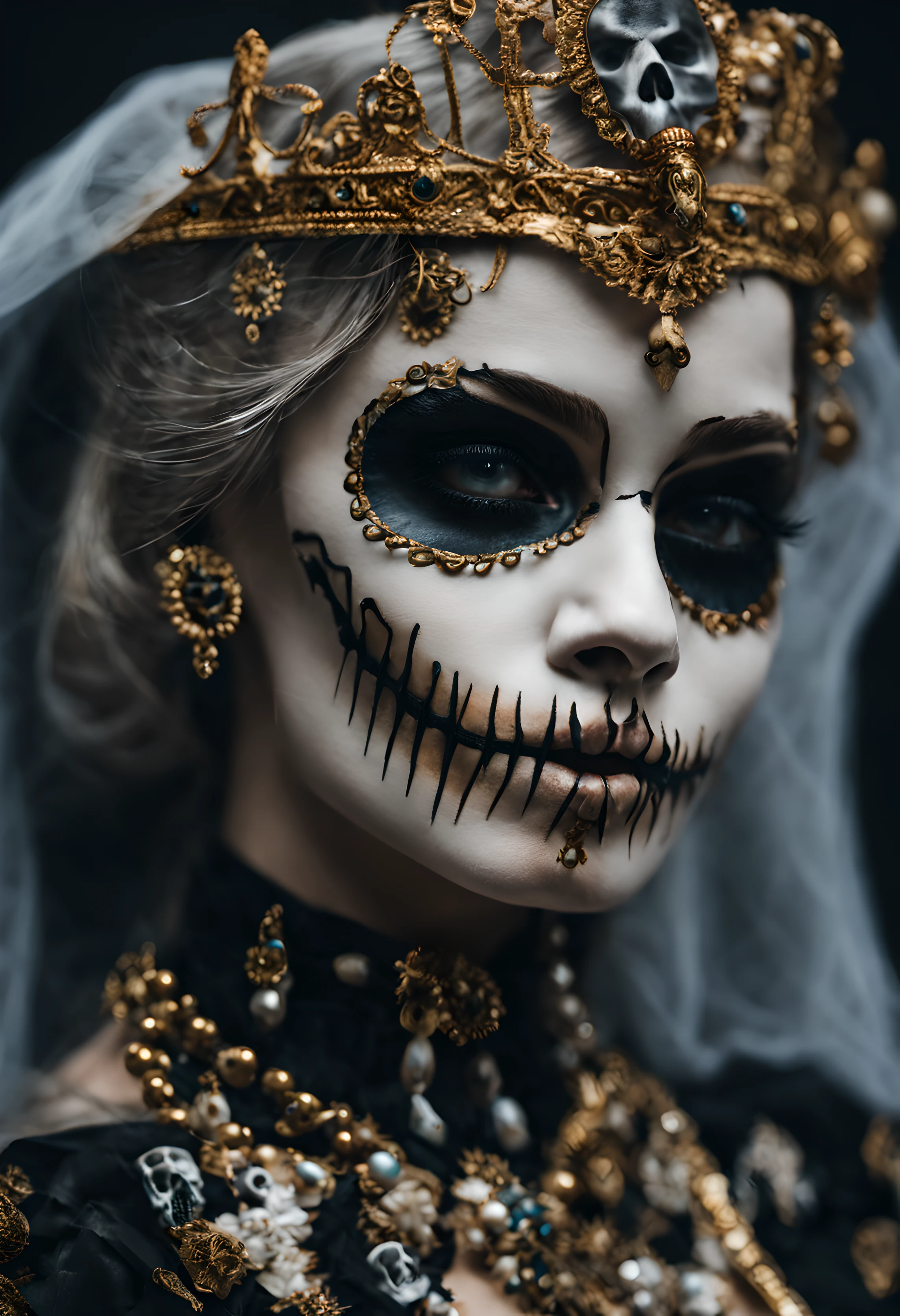 a close up of a woman with a skull face painted like a queen . , close-up portrait goddess skull, beautiful male god of death, portrait of the god of death, saint skeleton queen, portrait of a god of death, portrait of a holy necromancer, goddess of death, dia de los muertos. 8 k, portrait of the angel of death, queen of death
