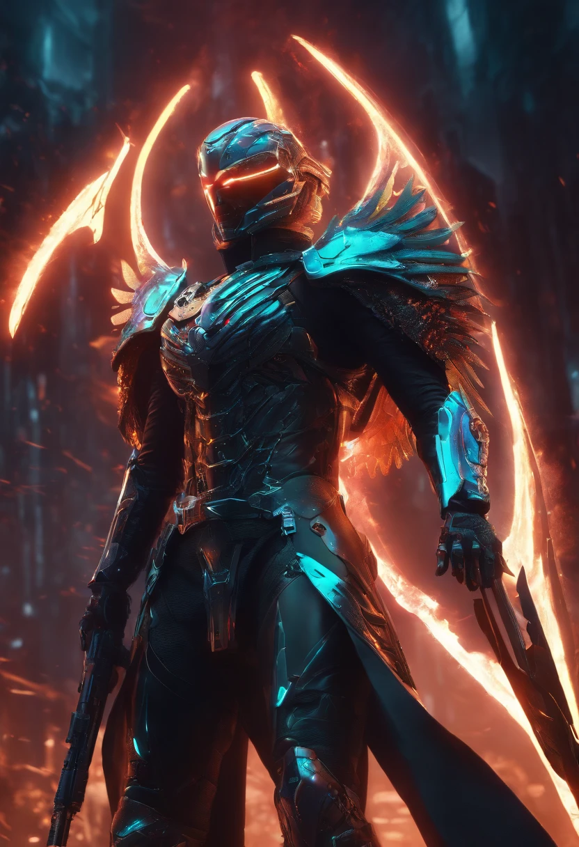 Cosmic cyberpunk Fallen Angel wearing Neon Mecha Armour, Flaming Sword glowing light eyes, Biomechanical, eerie, Creepy, nightmarish, Very bright neon colours, Light particles, with light glowing, Mshiff, wallpaper art, UHD wallpaper