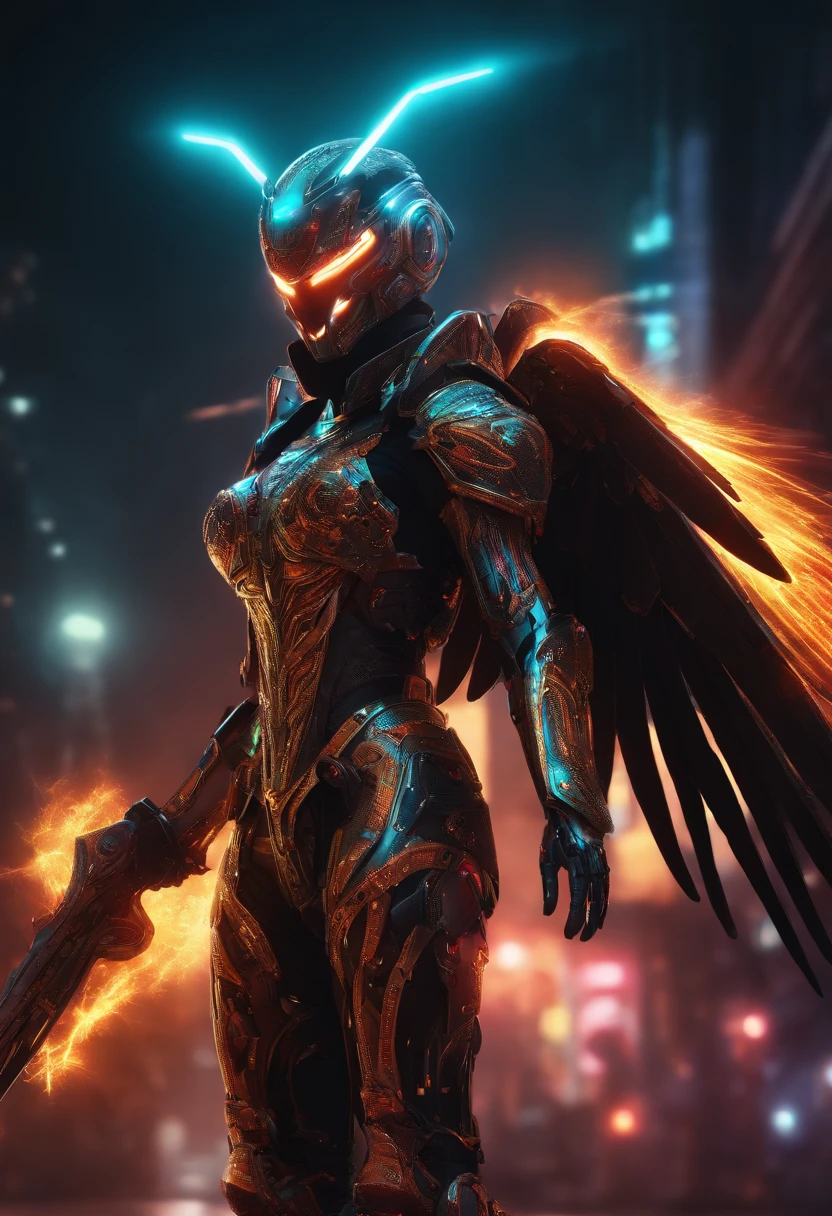 Cosmic cyberpunk Fallen Angel wearing Neon Mecha Armour, Flaming Sword glowing light eyes, Biomechanical, eerie, Creepy, nightmarish, Very bright neon colours, Light particles, with light glowing, Mshiff, wallpaper art, UHD wallpaper