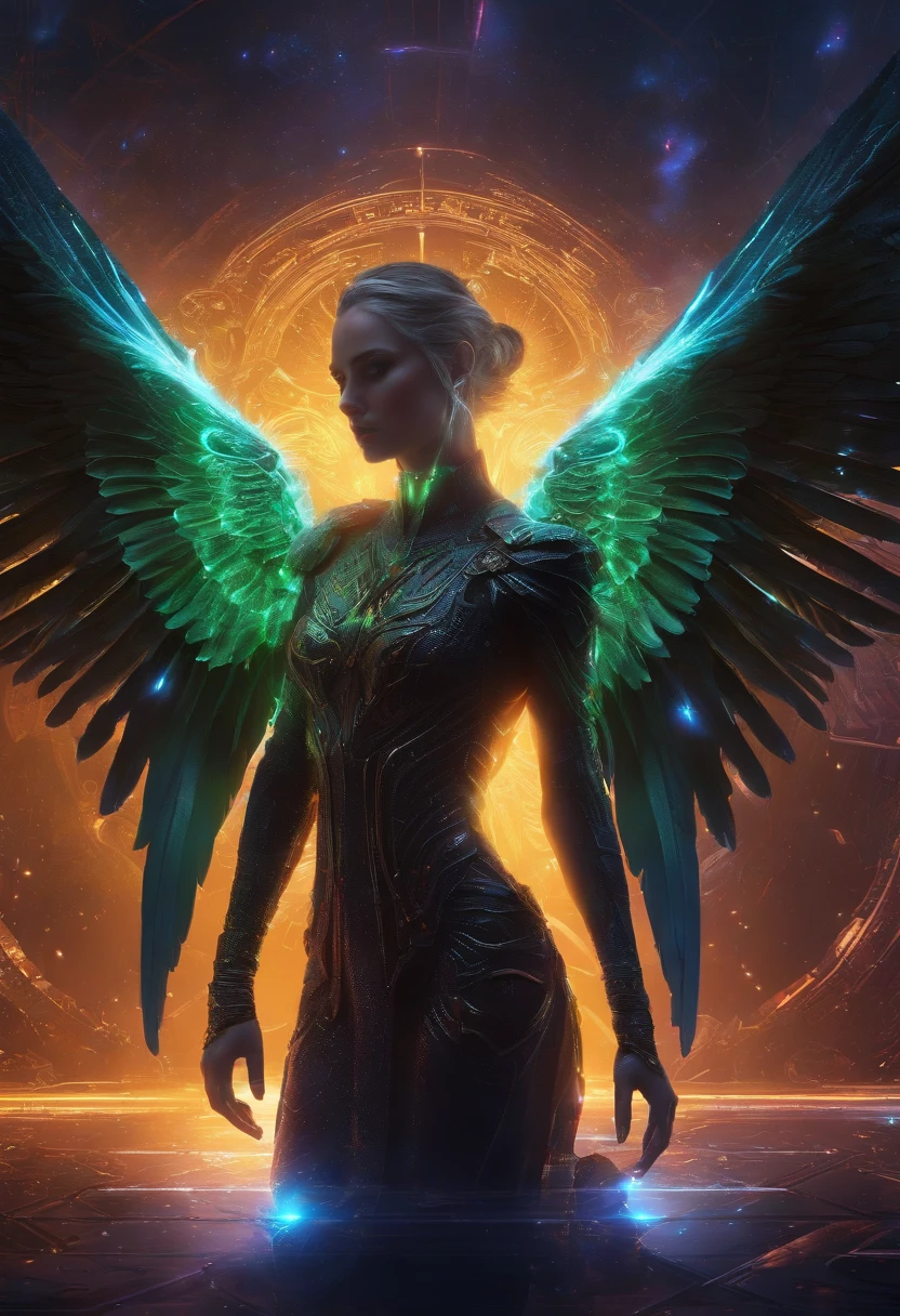 Cosmic cyberpunk Fallen Angel, glowing light eyes, Biomechanical, eerie, Creepy, nightmarish, Very bright neon colours, Light particles, with light glowing, Mshiff, wallpaper art, UHD wallpaper