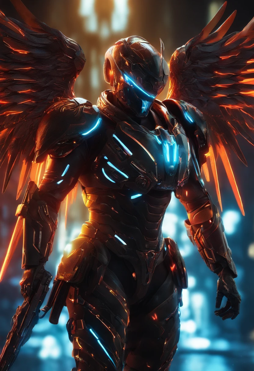 Cosmic cyberpunk Fallen Angel wearing Neon Mecha Armour, Flaming Sword glowing light eyes, Biomechanical, eerie, Creepy, nightmarish, Very bright neon colours, Light particles, with light glowing, Mshiff, wallpaper art, UHD wallpaper