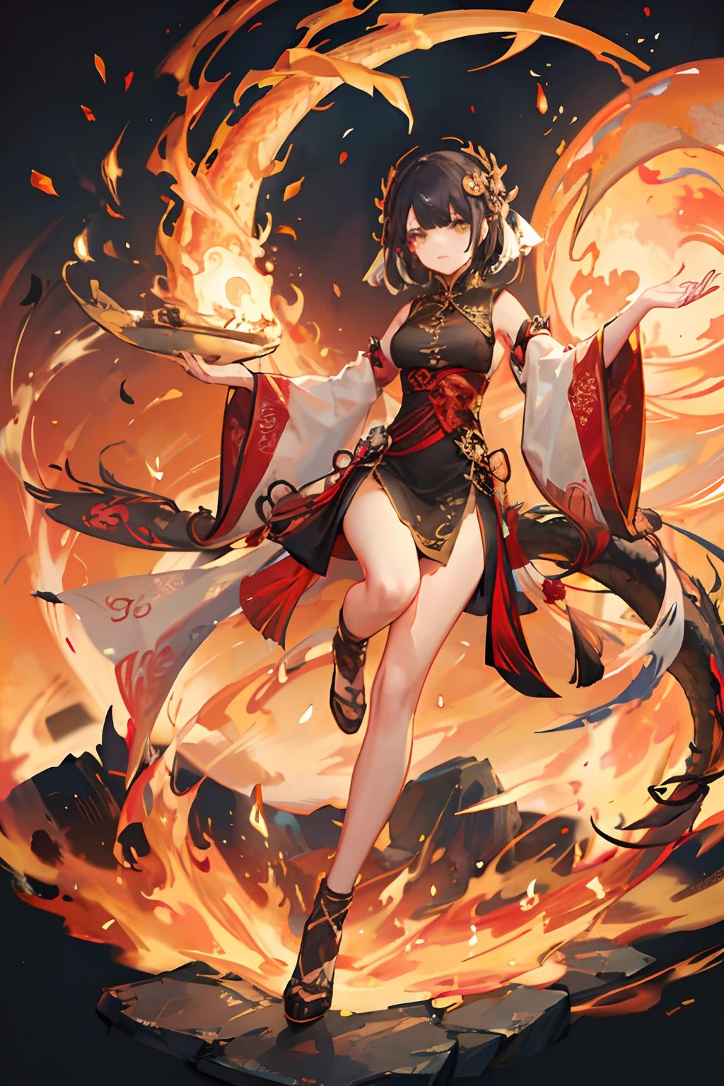 1 girl, meditating, balance, yinyan, dragon background, tattoo, fire, low light, mythical, short dress, Chinese dress, short hair, black hair, freckles, cute