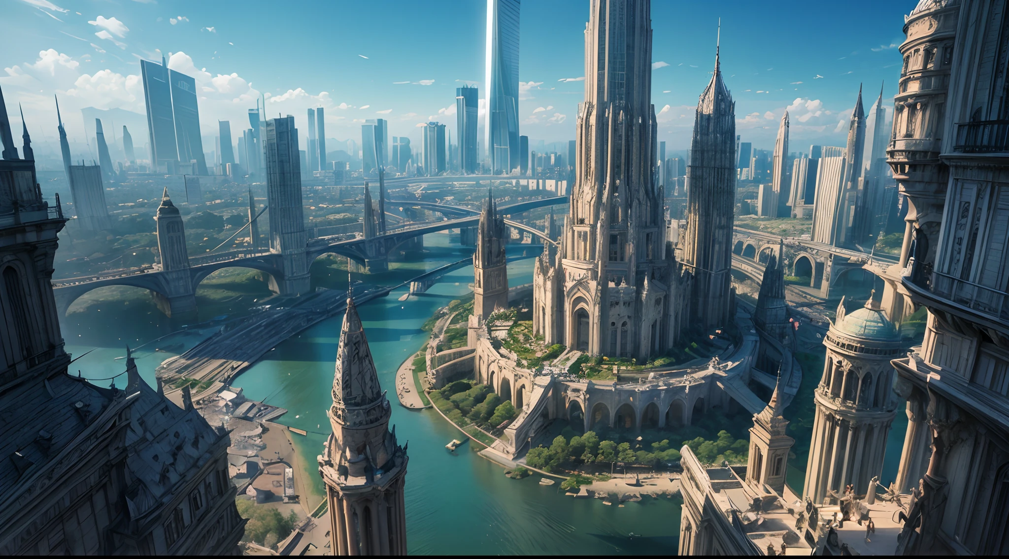 (best quality,4k,8k,highres,masterpiece:1.2),ultra-detailed,(realistic,photorealistic,photo-realistic:1.37),huge castles,skyscrapers floating in the sky,utopia,top quality fantasy,cyberpunk isekai,giants waterfall,mother nature,unimaginable,unbelievable,virtual reality,oasis of serenity,colorful neon lights,futuristic technology,vibrant cityscape,awe-inspiring architecture,unlimited possibilities,mesmerizing view,ethereal atmosphere,enchanting environment,majestic structures,thousands of feet high,sparkling clear water,breathtaking scenery,transcendent beauty,surreal landscape,architectural marvels,wonder of nature,harmony between man and nature,limitless imagination,urban paradise,dream-like setting,unrealistically magnificent,picture-perfect moments,serene tranquility,spellbinding aesthetic,awe-inducing skyline