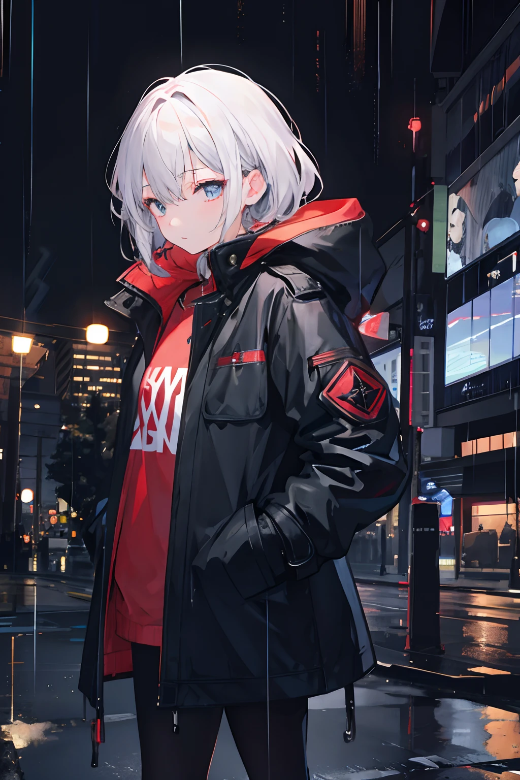1girl, Night City, rain, coat, hands in pockets