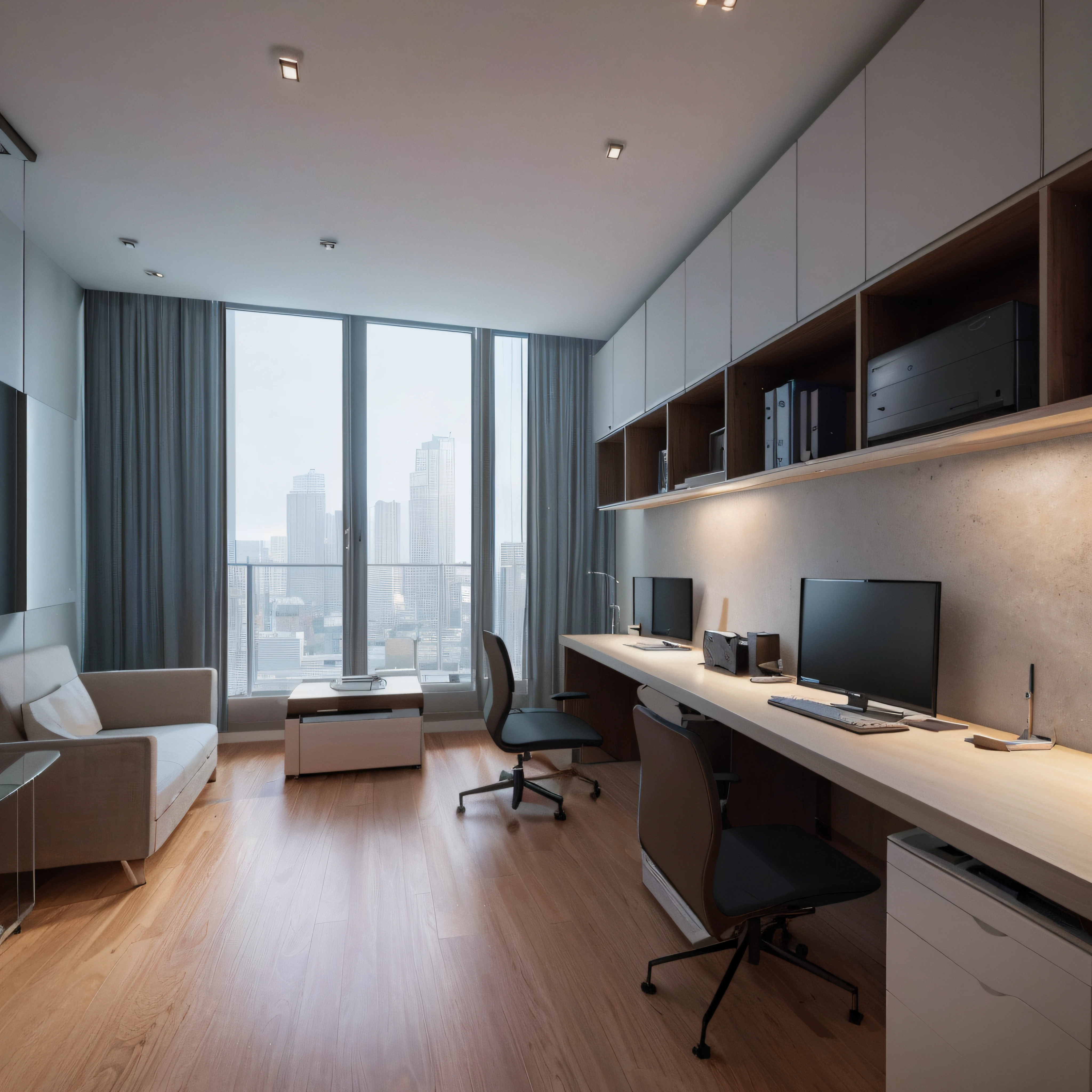 there is a desk with a computer and a chair in a room, minimalist home office, luxury condo interior, home office interior, office room interior, professional render, city apartment, rendered in unreal engine 6, realistic physical rendering, vray 8k render, architectural 3 d render, rendered in v-ray, rendered in 8 k unreal engine, archviz