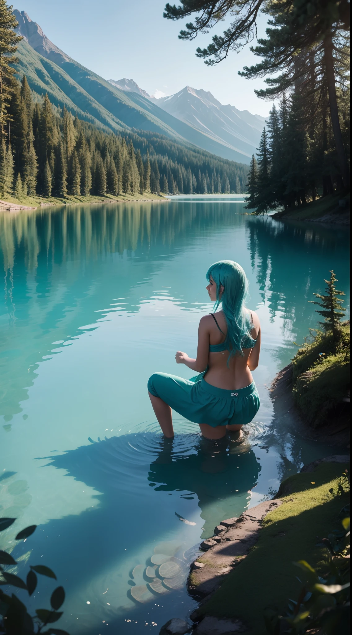 Girl with turquoise hair on the background of the lake,woods,luna. --auto