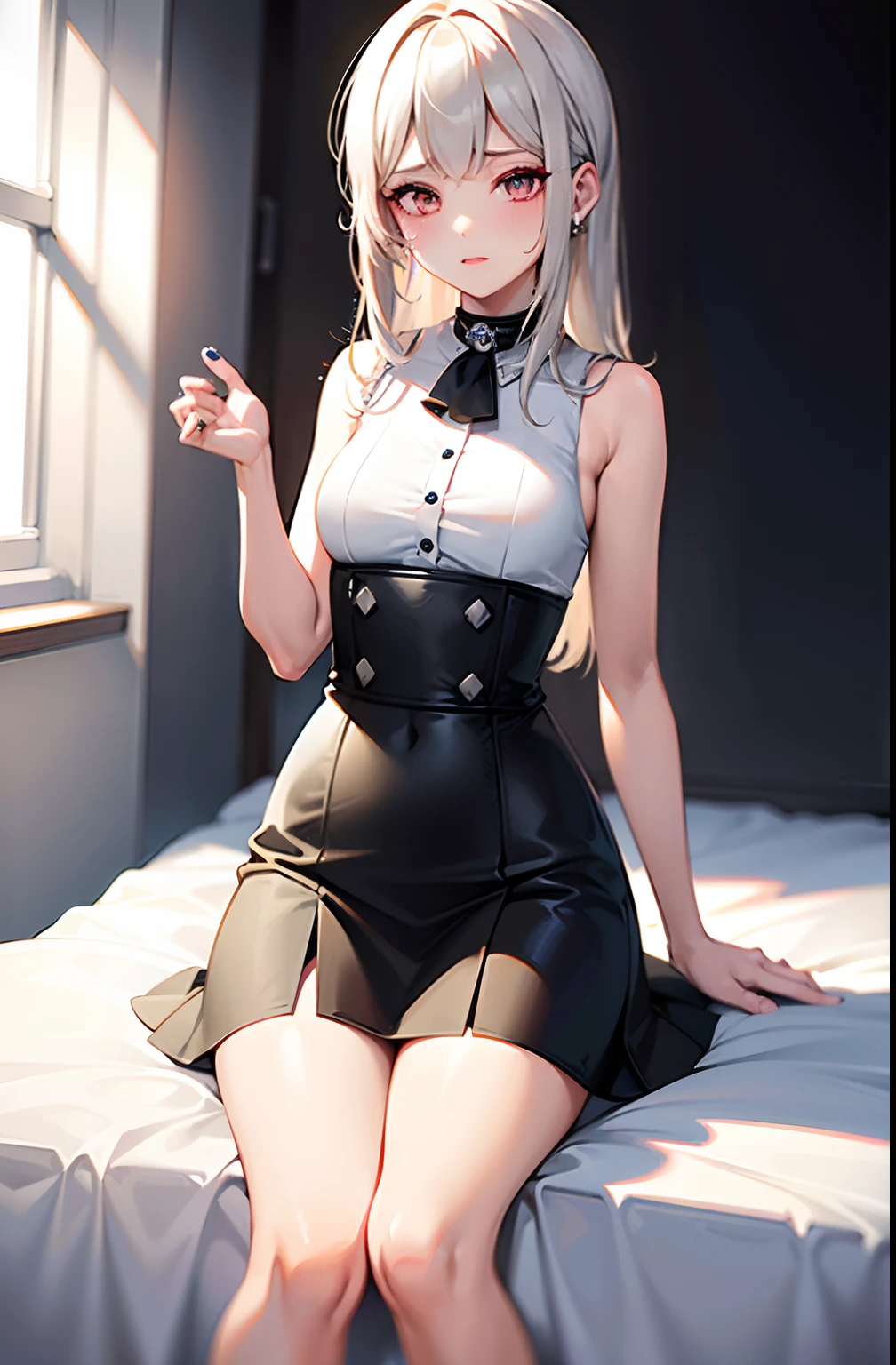 best quality, ultra high res, 1girl, sleeveless white button shirt, black skirt, black choker, cute, (Kpop idol), (aegyo sal:1), (platinum blonde hair:1), ((puffy eyes)), looking at viewer, full body, facing front