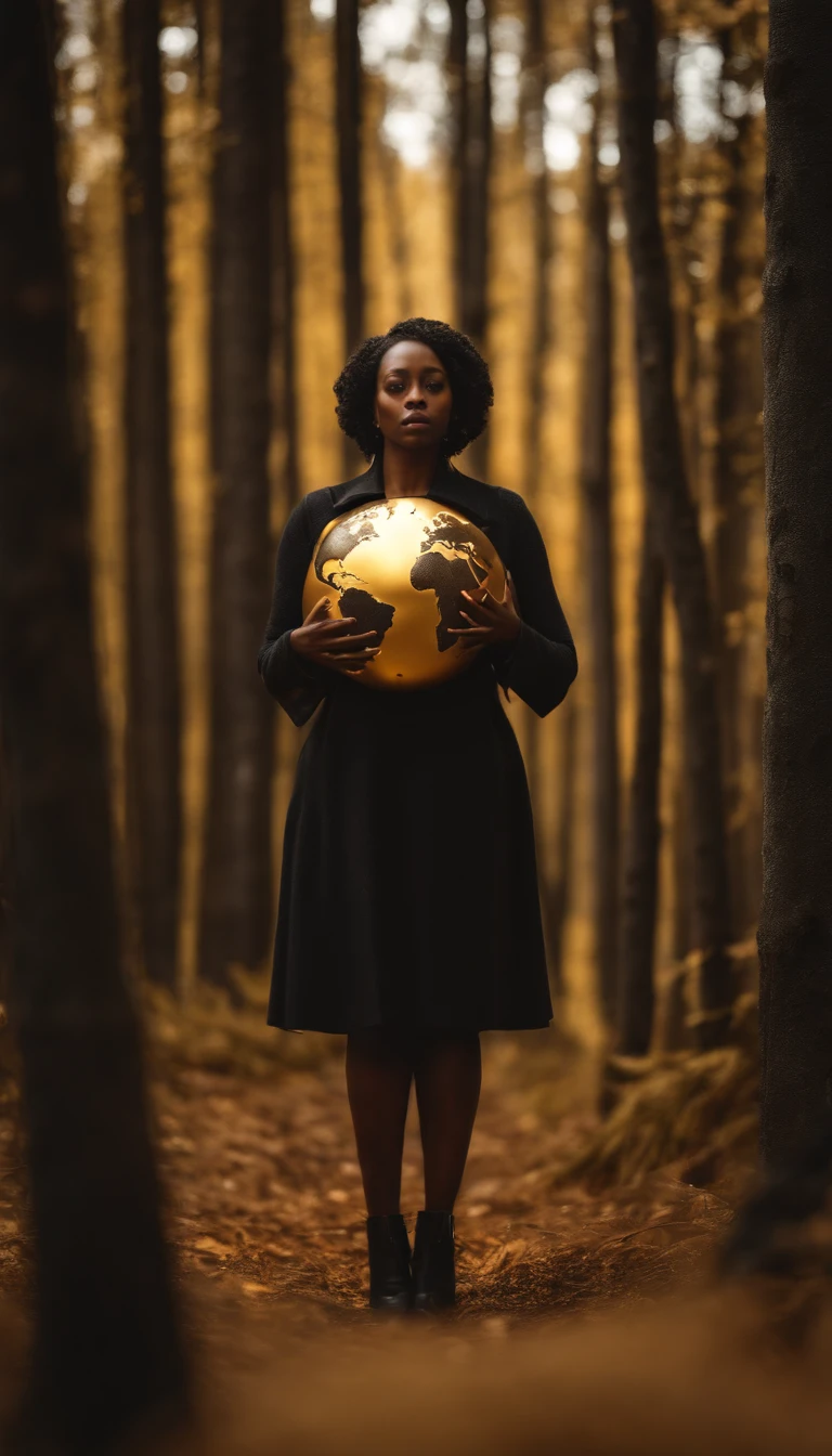 black woman, golden forest, weight of the world to heavy, globe