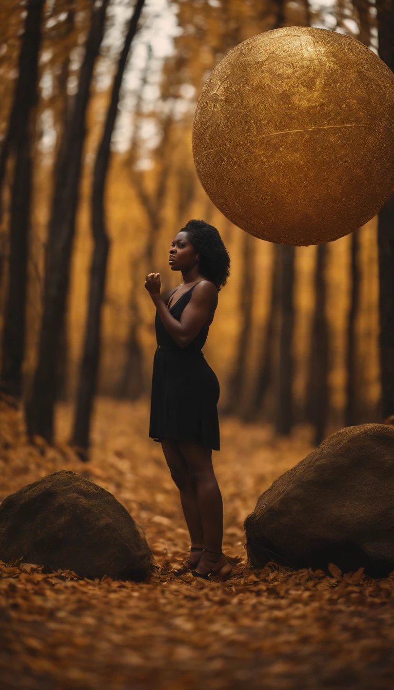 black woman, golden forest, weight of the world to heavy, globe