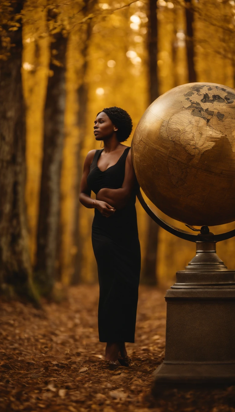 black woman, golden forest, weight of the world to heavy, globe