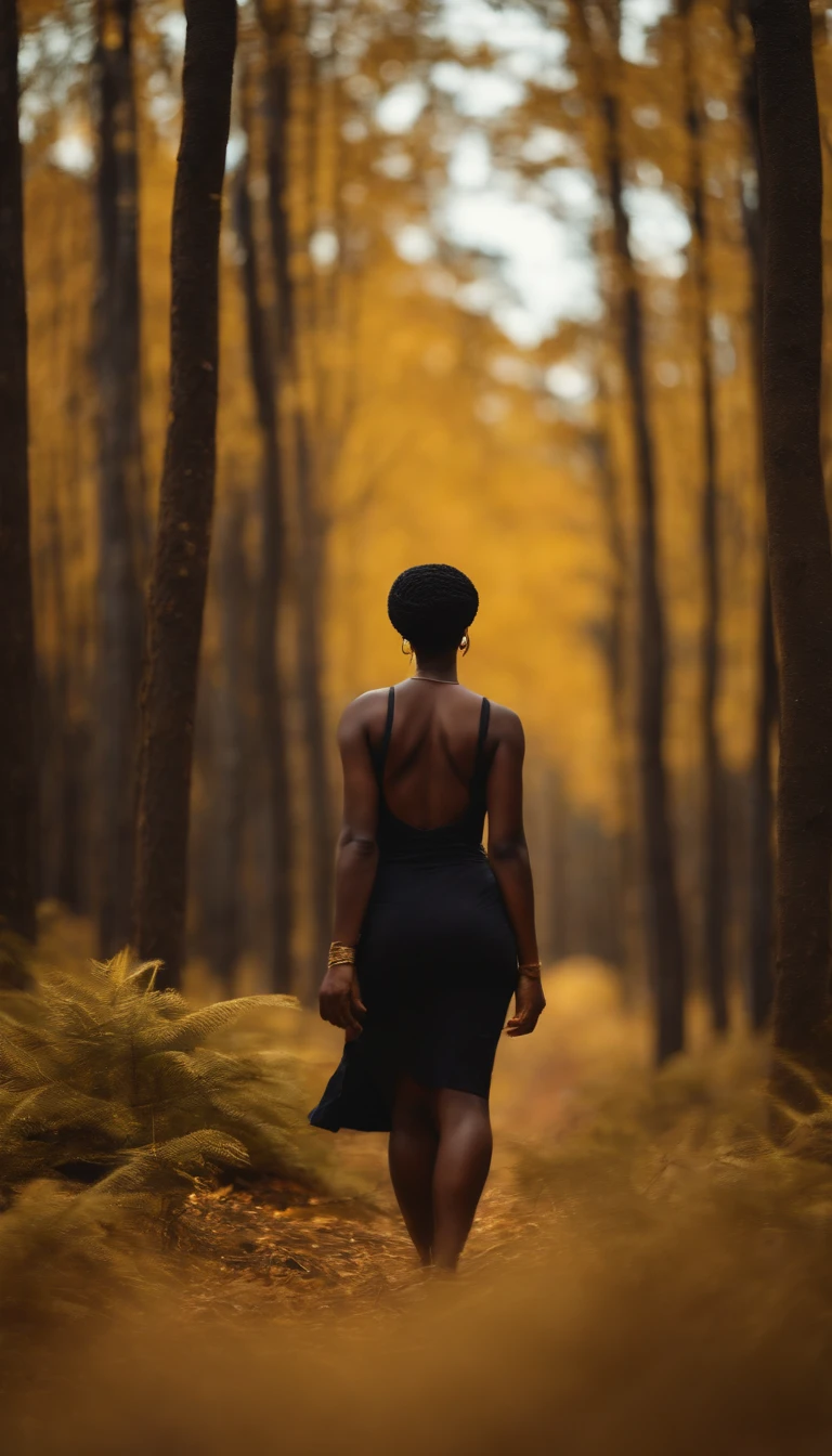 black woman, golden forest, weight of the world to heavy