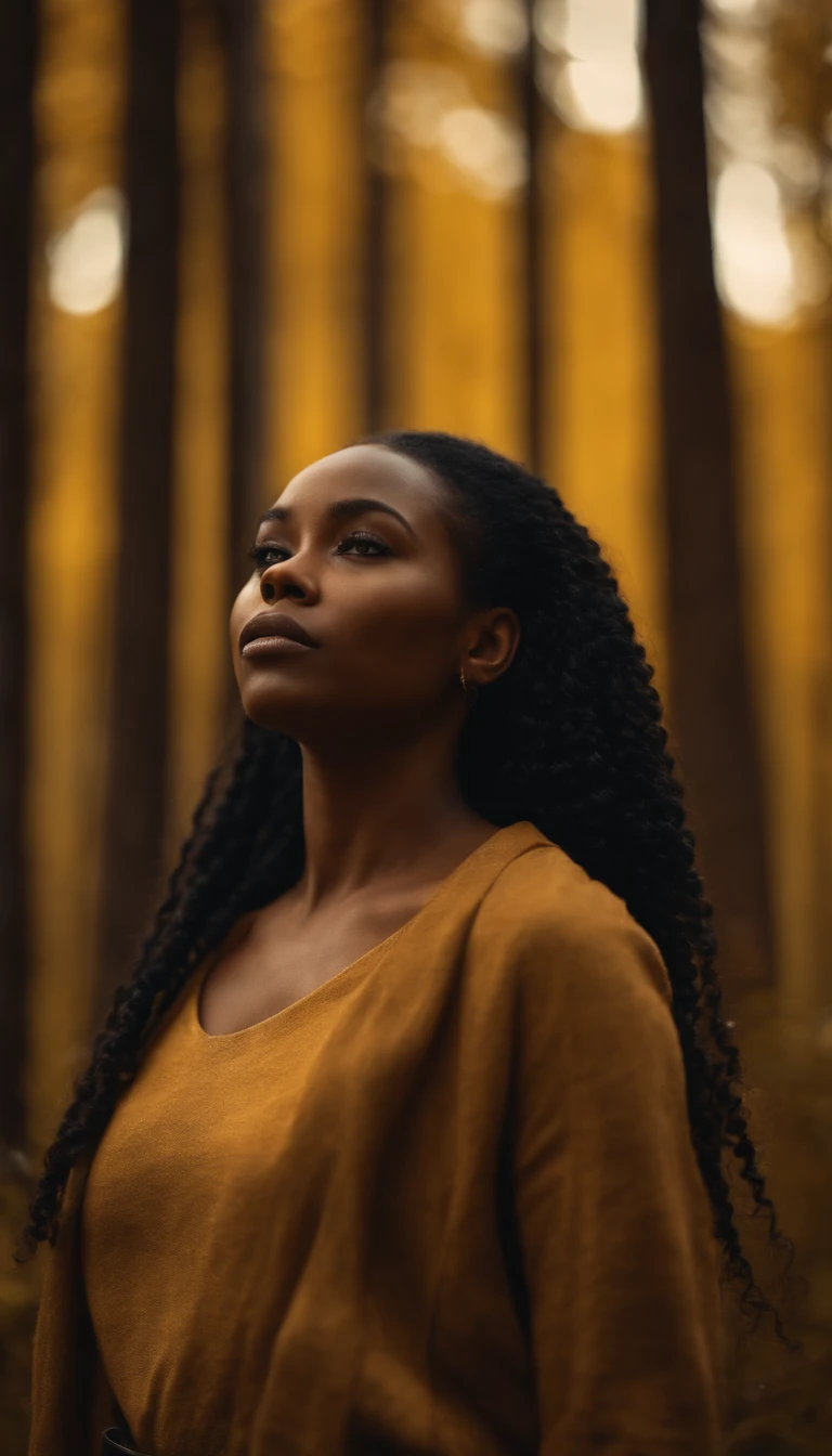 black woman, golden forest, weight of the world to heavy