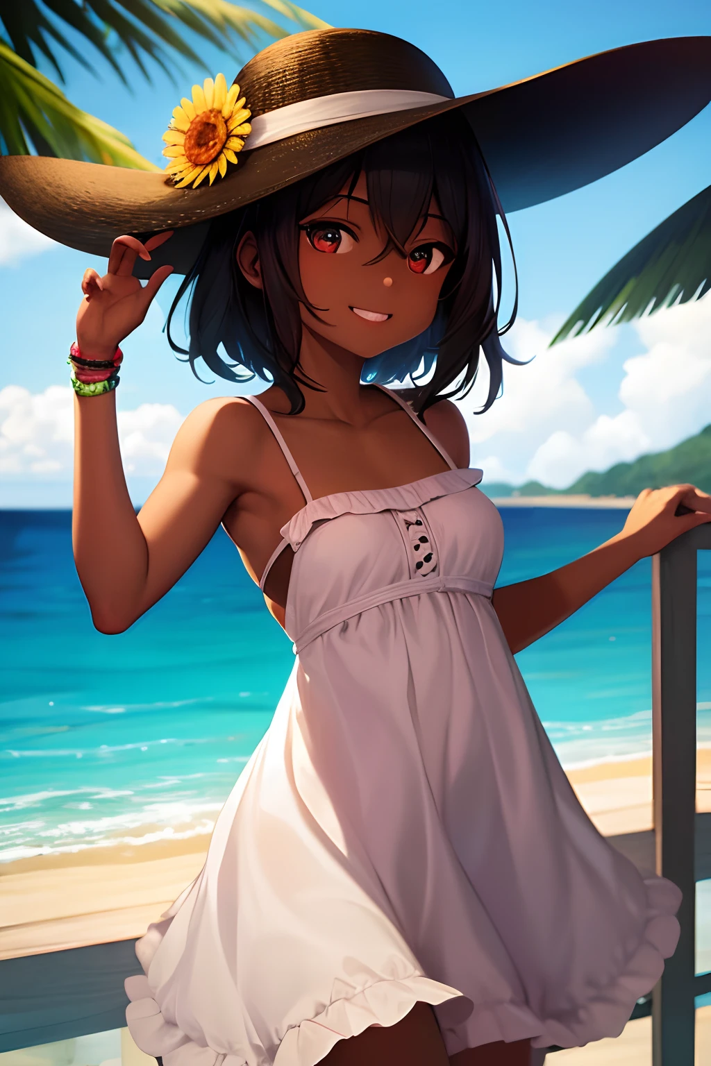 absurdres, blackskin, 1girl, ocean, railing, white dress, sun hat, smile, (realistic:0.75), (waving:0.9),