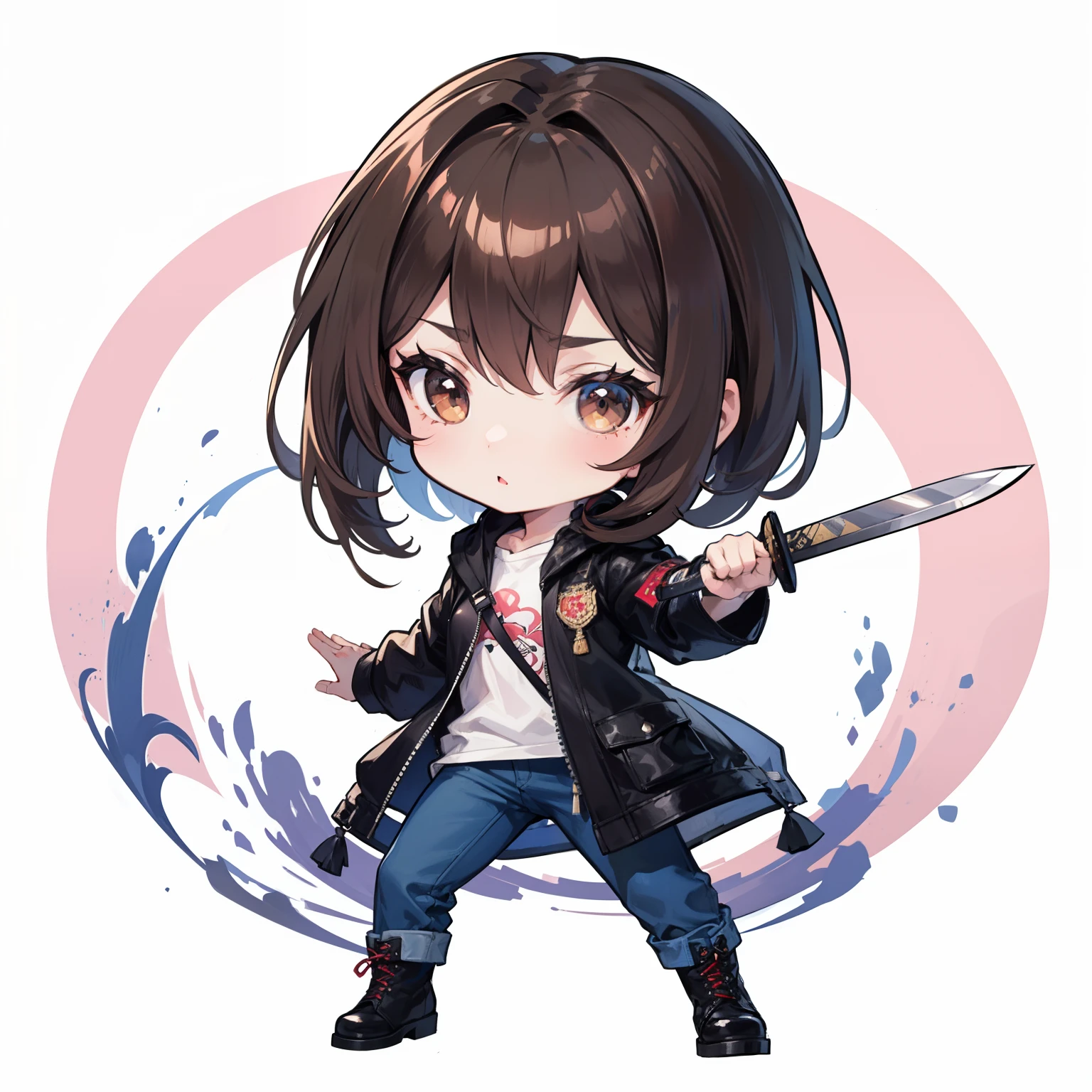 chibi, ((body complet)), 1 girl in a black leather raincoat with patch pockets, wearing jeans, in lace-up boots, very long tousled brown hair, with brown eyes, The blade of the katana forward in the left hand, combat pose, Chibi style, whitebackground
