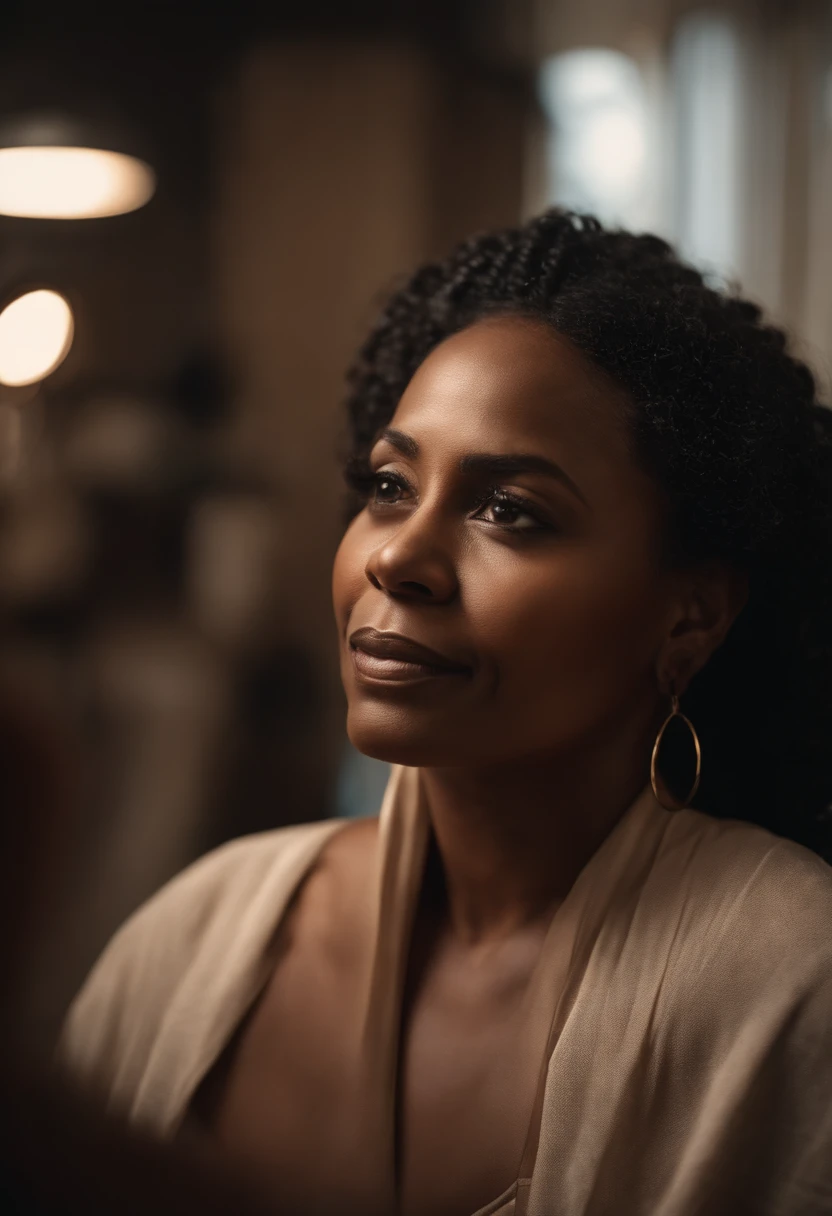 Close-up of a Brazilian Black woman, aged between 50 and 60, as she undergoes a hair treatment in a salon dedicated to hydrophobic hair. Her eyes reflect years of stories, and her hair, with its unique hydrophobic properties, stands out prominently. Medium: Photography. Style: Ultra-realistic with a nod to classic Brazilian portraiture. Lighting: Diffuse backlighting highlighting the texture and sheen of her hair. Colors: Warm browns and golds, complemented by the deep melanin of her skin. Composition: Captured with a Canon EOS 5D Mark IV DSLR camera, EF 50mm f/1.8 STM lens, Resolution 30.4 megapixels, ISO sensitivity: 32,000, Shutter speed 1/200 second, focusing on the intricate details of her hair and the emotion in her eyes. --ar 16:9 --v 5.1 --style raw --q 2 --s 750