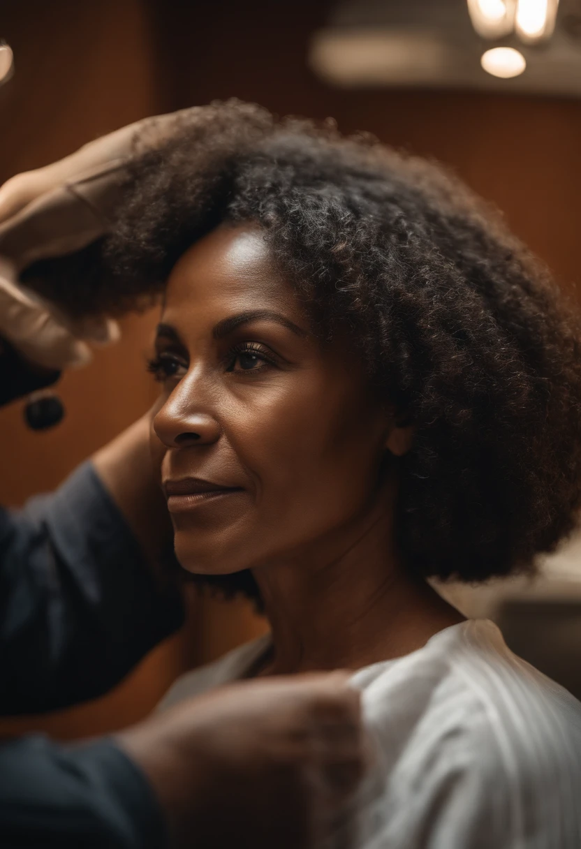 Close-up of a Brazilian Black woman, aged between 50 and 60, as she undergoes a hair treatment in a salon dedicated to hydrophobic hair. Her eyes reflect years of stories, and her hair, with its unique hydrophobic properties, stands out prominently. Medium: Photography. Style: Ultra-realistic with a nod to classic Brazilian portraiture. Lighting: Diffuse backlighting highlighting the texture and sheen of her hair. Colors: Warm browns and golds, complemented by the deep melanin of her skin. Composition: Captured with a Canon EOS 5D Mark IV DSLR camera, EF 50mm f/1.8 STM lens, Resolution 30.4 megapixels, ISO sensitivity: 32,000, Shutter speed 1/200 second, focusing on the intricate details of her hair and the emotion in her eyes. --ar 16:9 --v 5.1 --style raw --q 2 --s 750